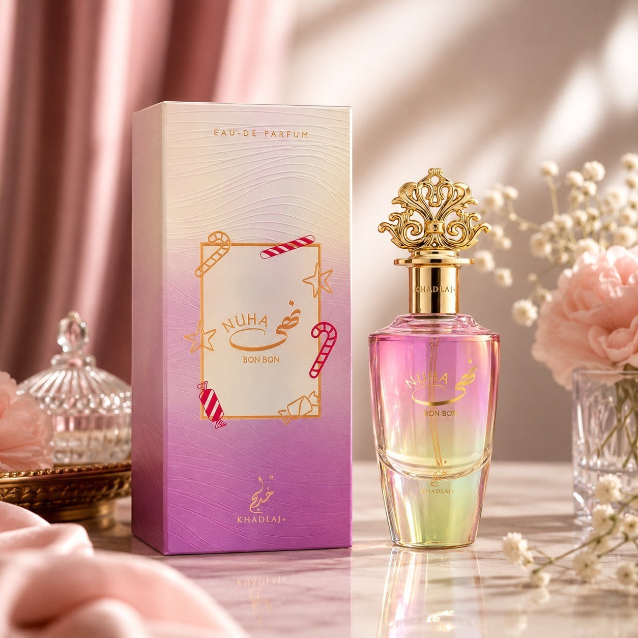 Soghaat Nuha Bon Bon 85ml Eau de Parfum bottle with a gradient of pink, yellow, and green, topped with a gold ornate cap. The box features candy cane and star designs.