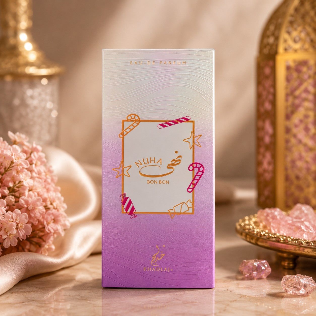 Soghaat Nuha Bon Bon 85ml Eau de Parfum box with candy cane and star accents, featuring strawberry, milk, peach, orange blossom, ice cream, and vanilla notes.