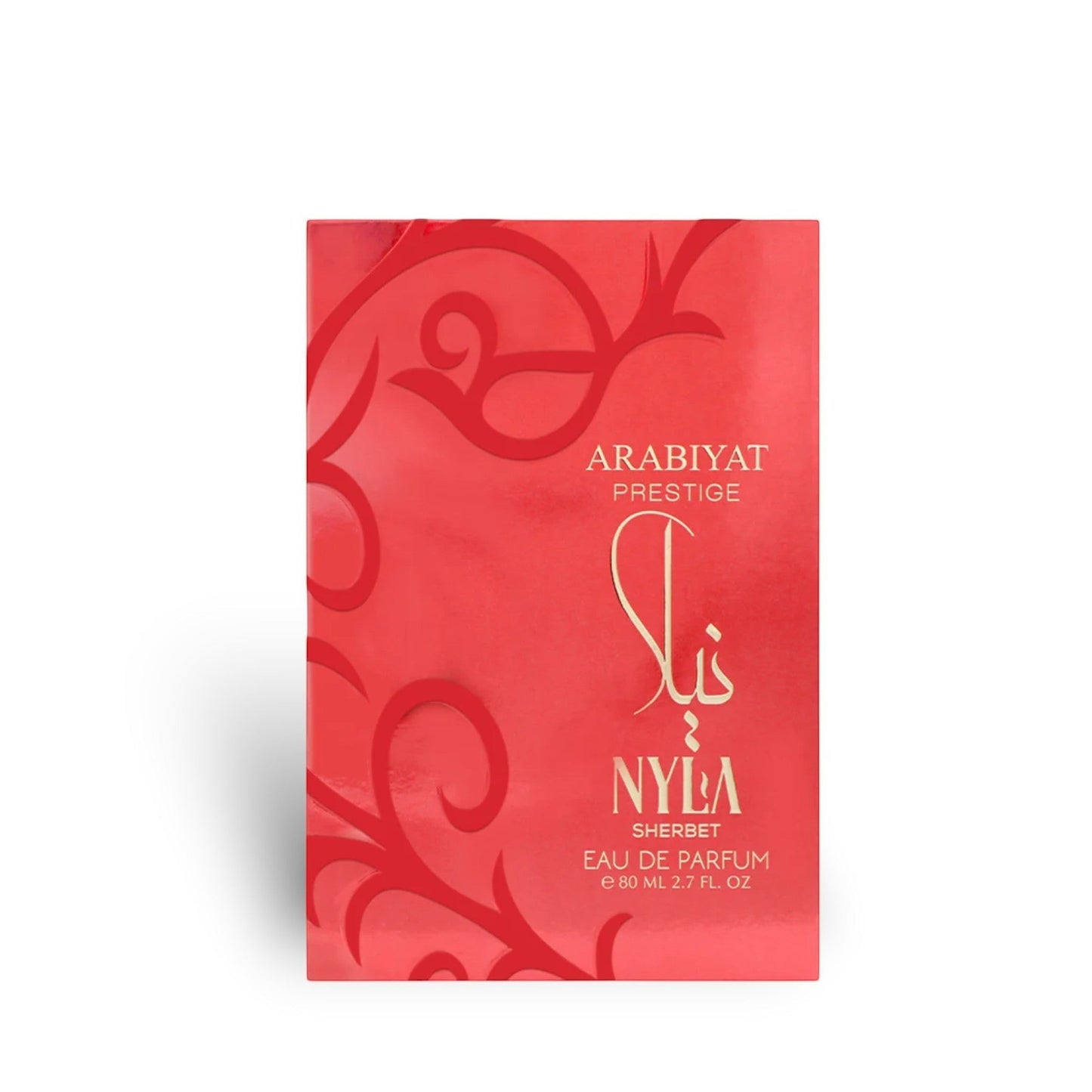 Arabiyat Prestige Nyla Sherbet Eau de Parfum 80ml, a fresh woody aromatic fragrance for women with strawberry, mandarin, plum, musk, and sandalwood notes.