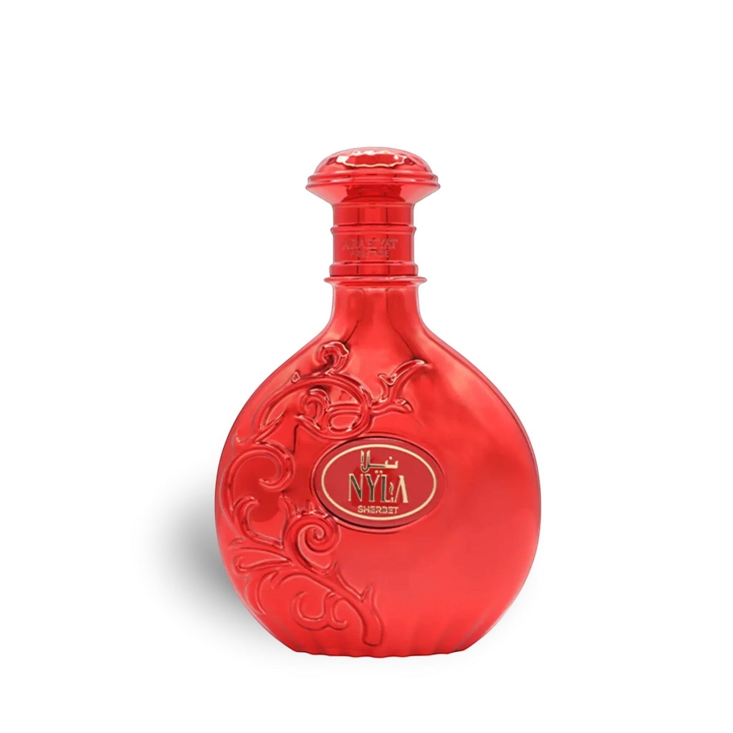 Soghaat Nyla Sherbet 80ml Eau de Parfum in a shiny red bottle with ornate detailing.