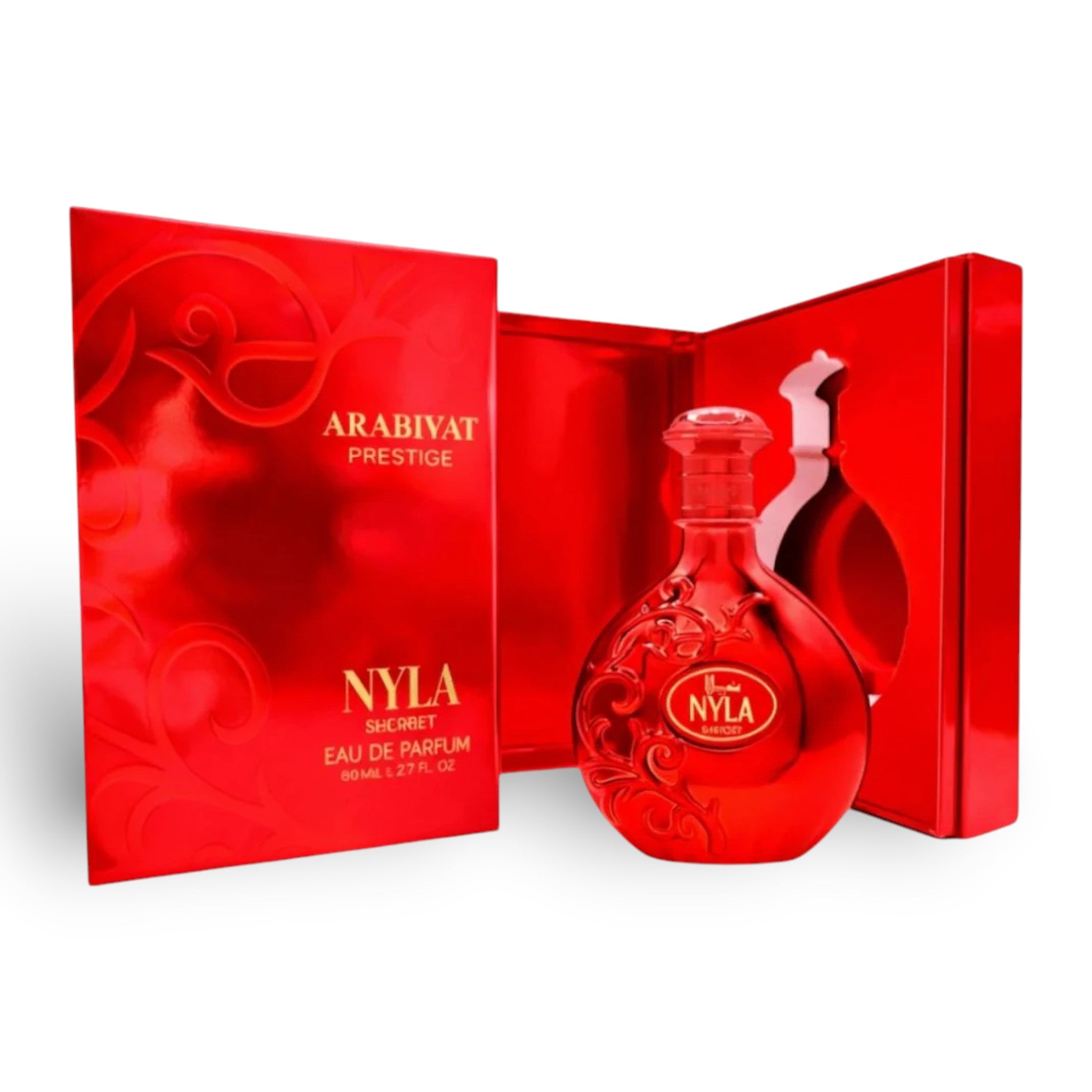 Soghaat Nyla Sherbet Eau de Parfum 80ml, a red glass bottle with ornate details, in a matching red gift box.