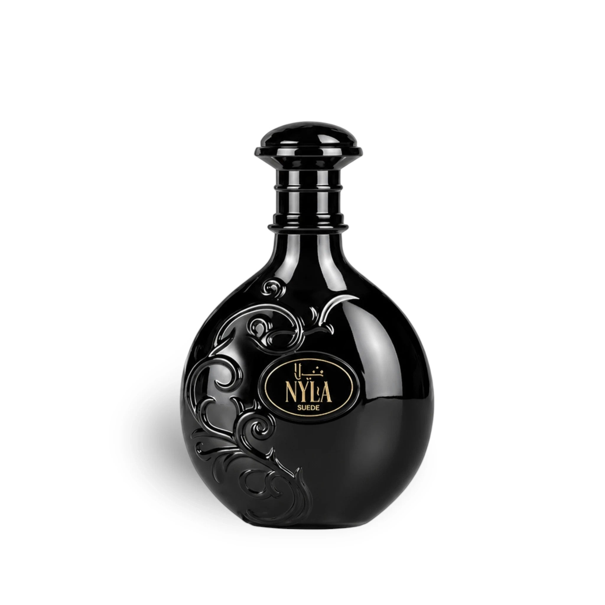 Soghaat Arabiyat Prestige Nyla Suede Eau de Parfum in a glossy black, round glass bottle with ornate embossed details.