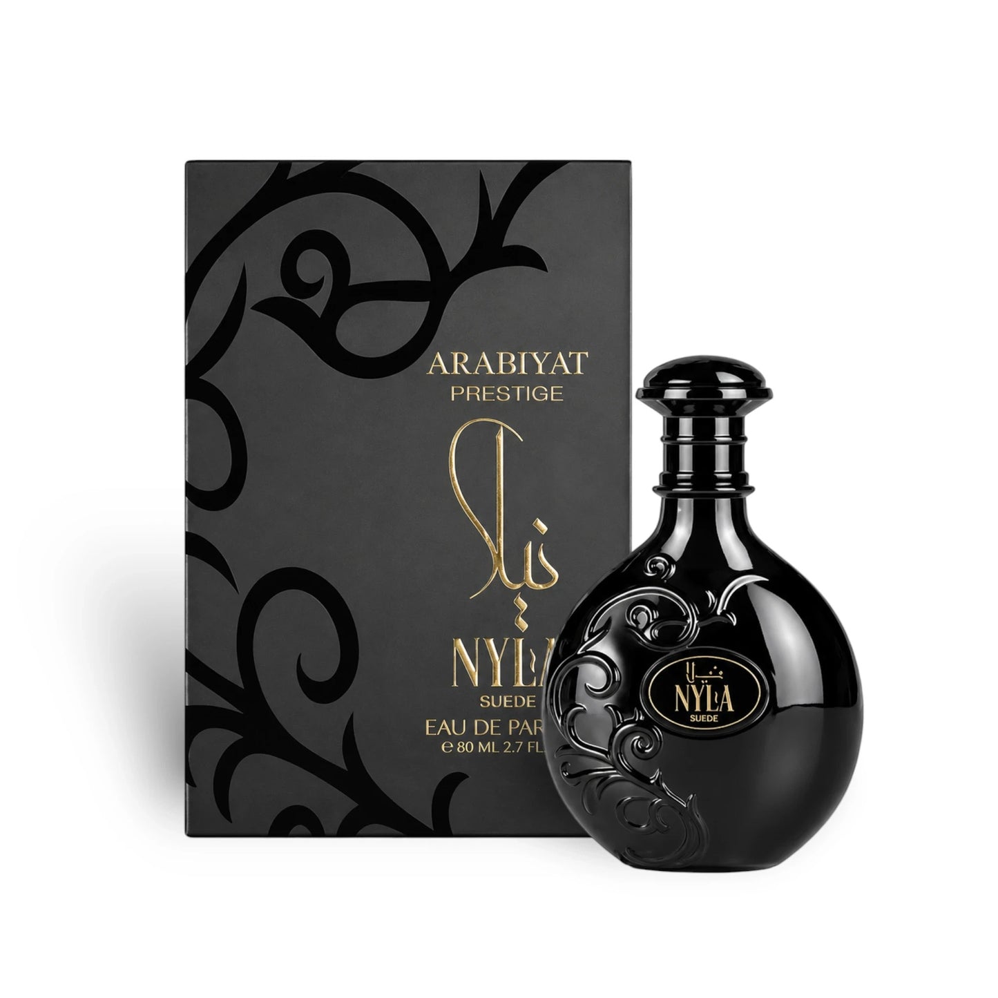 Soghaat Arabiyat Prestige Nyla Suede 80ml Eau de Parfum bottle with its elegant black box featuring ornate gold details.