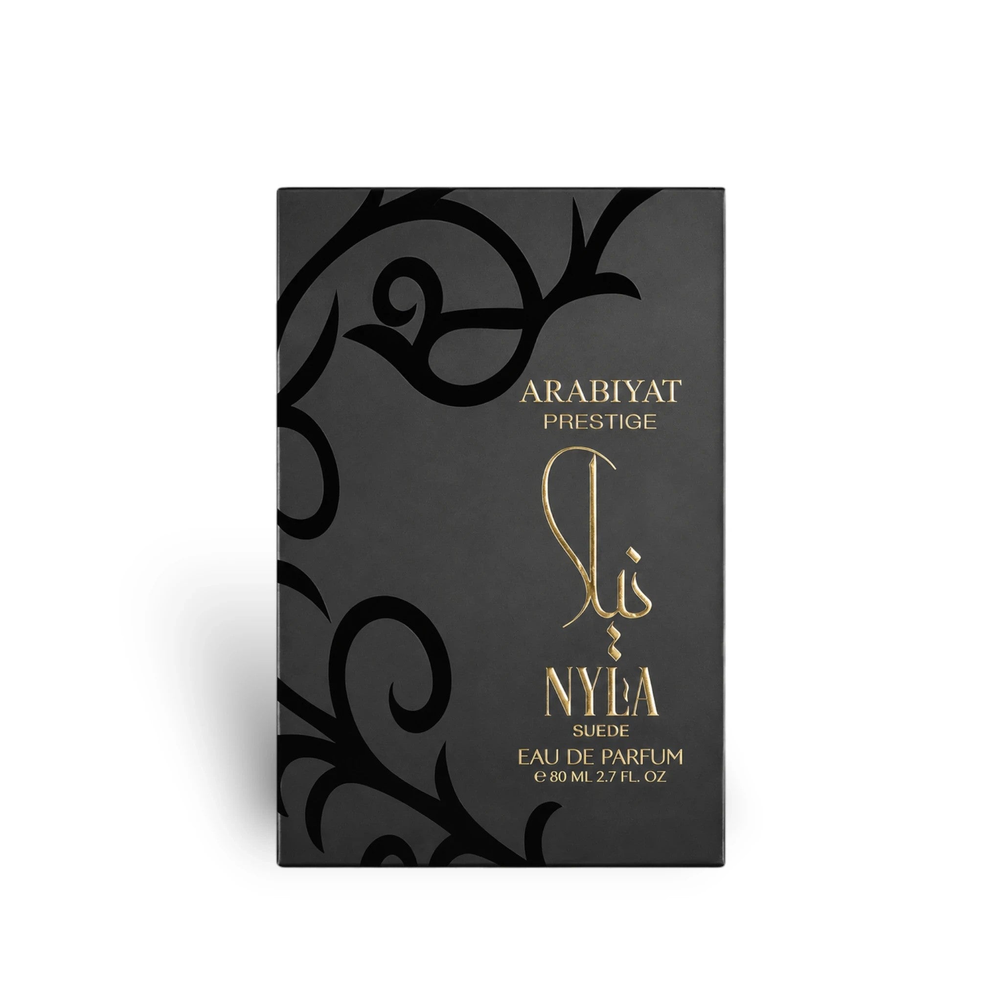 Soghaat Arabiyat Prestige Nyla Suede Eau de Parfum in a sleek black box with elegant gold calligraphy and scrollwork.