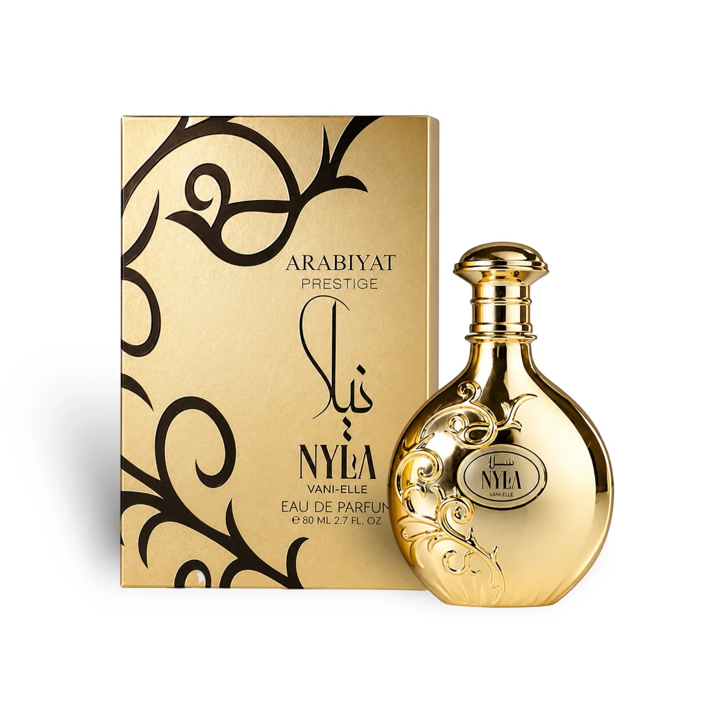Soghaat Nyla Vani Elle 80ml Eau de Parfum by Arabiyat Prestige in a gold bottle with matching decorative box