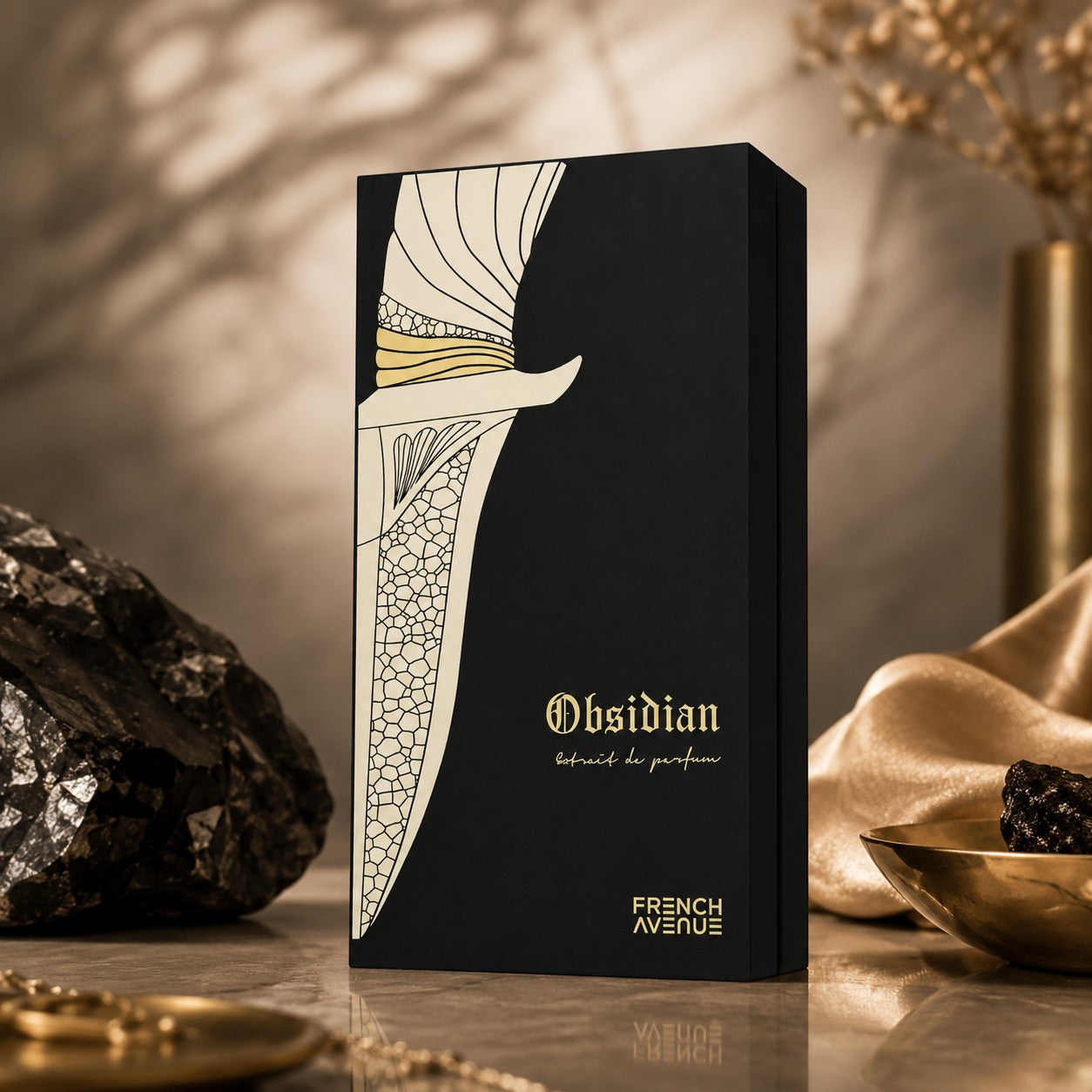 Soghaat Obsidian 100ml Extrait de Parfum, a fresh woody aromatic fragrance with citrus and oud notes, in a black bottle with gold accents.