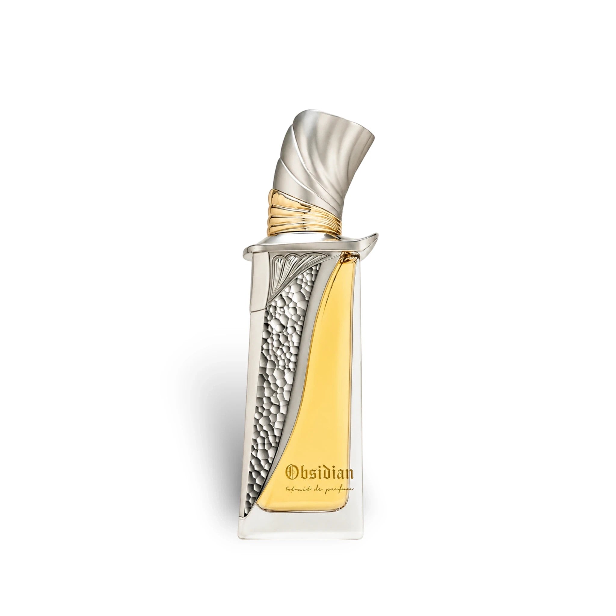 Soghaat Obsidian Extrait de Parfum, a fresh woody aromatic fragrance with citrus notes in a decorative silver and gold bottle.