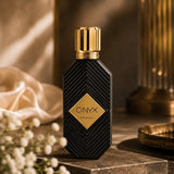 Soghaat Onyx Gold Eau de Parfum 100ml, black bottle with gold cap and label, soft sweet musk fragrance.
