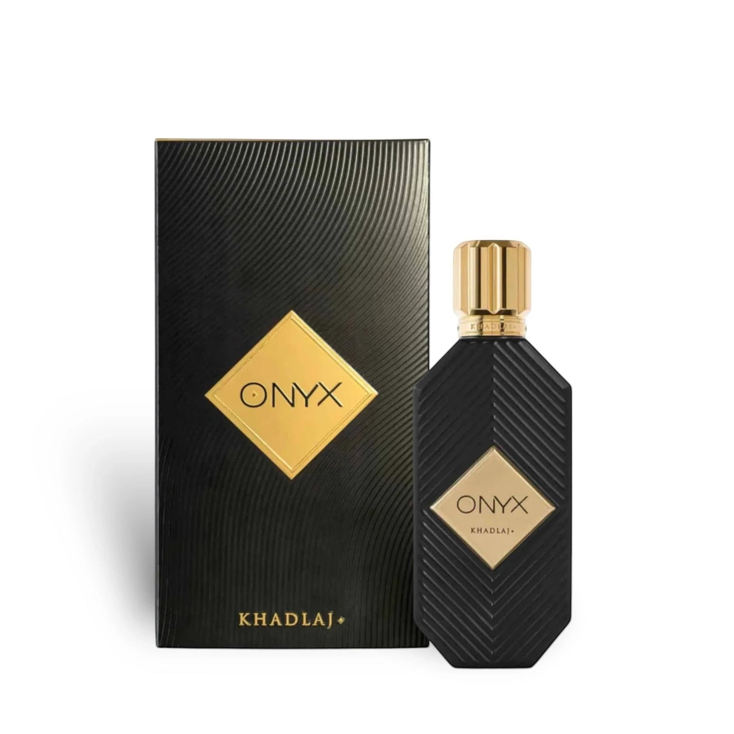Soghaat Onyx Gold 100ml Eau de Parfum, a black fluted bottle with a gold cap and a gold diamond-shaped label with 'ONYX' in black text.