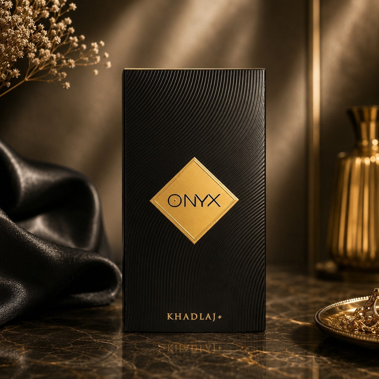 Soghaat Onyx Gold 100ml Eau de Parfum, a black textured bottle with a gold diamond emblem featuring the word ONYX.