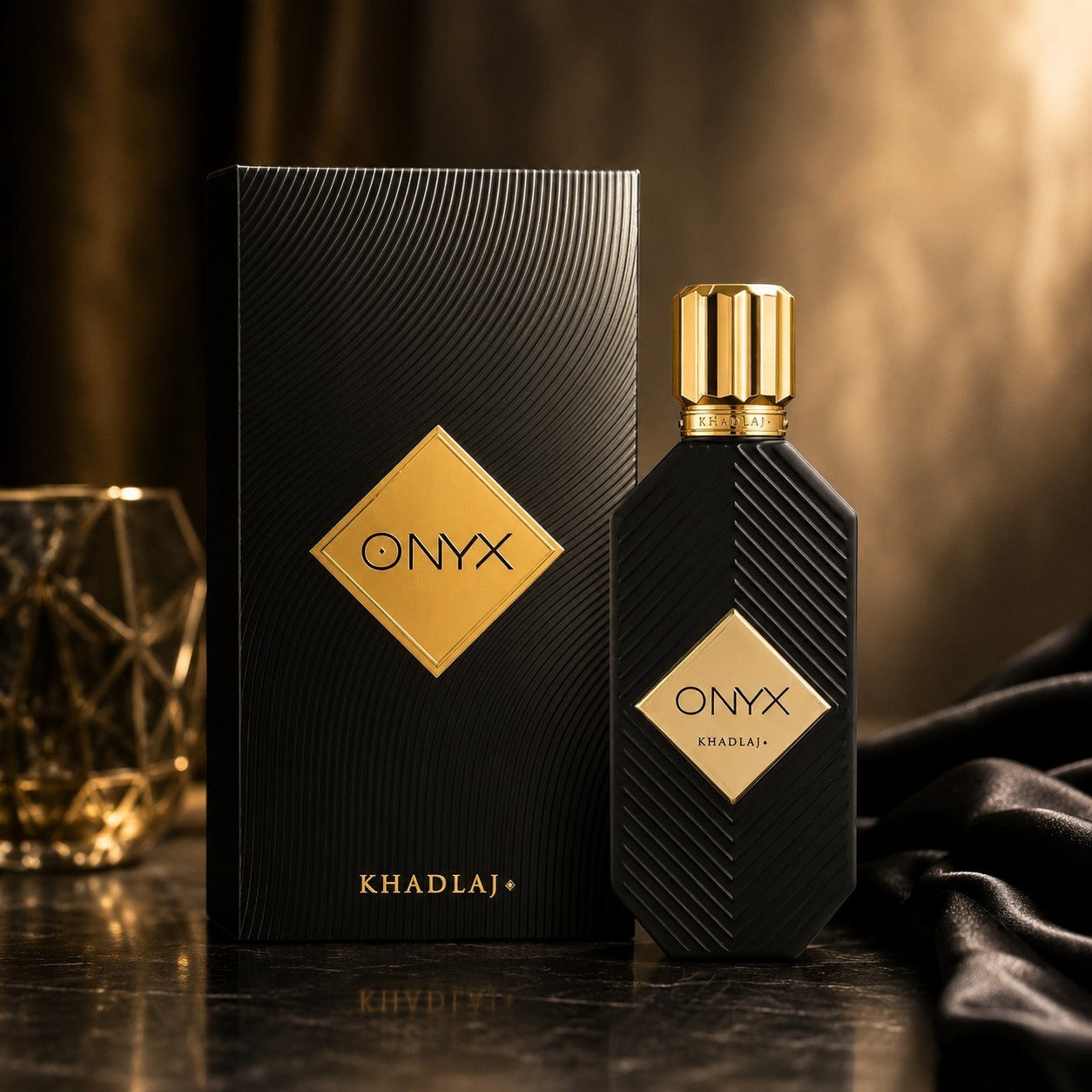 Soghaat Onyx Gold 100ml Eau de Parfum bottle and box, black with gold accents, soft sweet musk fragrance.
