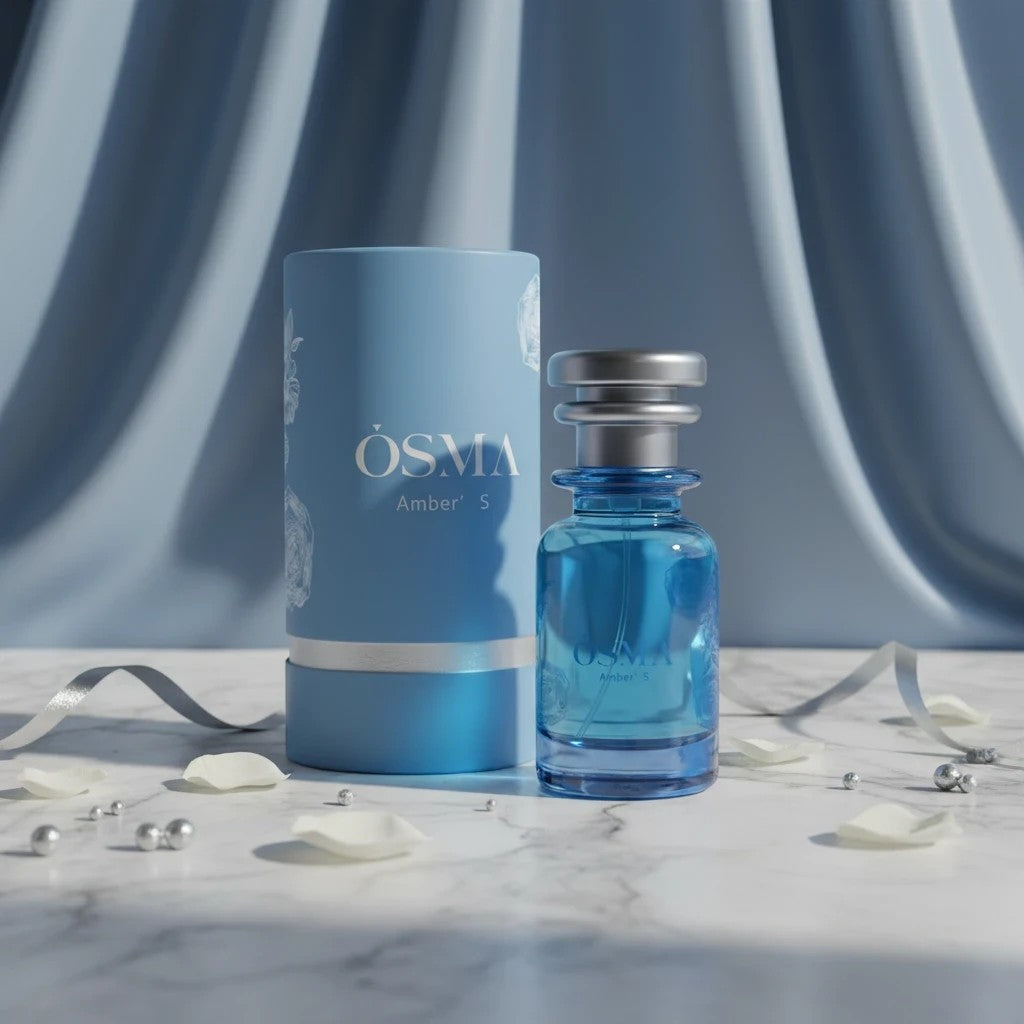 Soghaat Osma Amber’ S Eau de Parfum bottle and cylindrical box, blue with white floral accents. Sweet amber gourmand fragrance.
