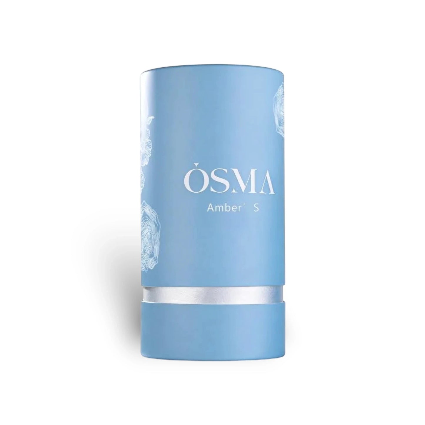 Soghaat Osma Amber’ S Eau de Parfum bottle, light blue with white floral accents and silver band.