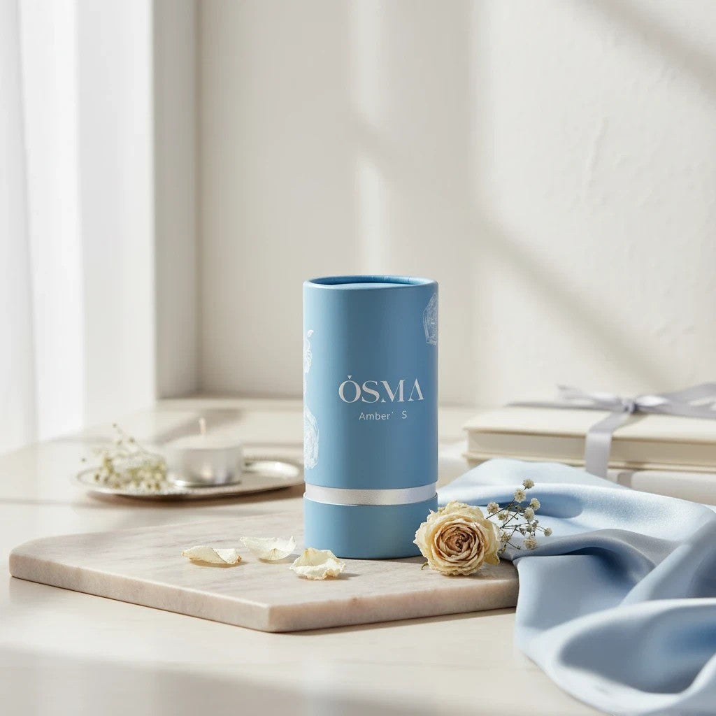 Soghaat Osma Amber’ S Eau de Parfum in a blue cylindrical bottle with white floral accents. Features rose, blackcurrant, and amber notes.