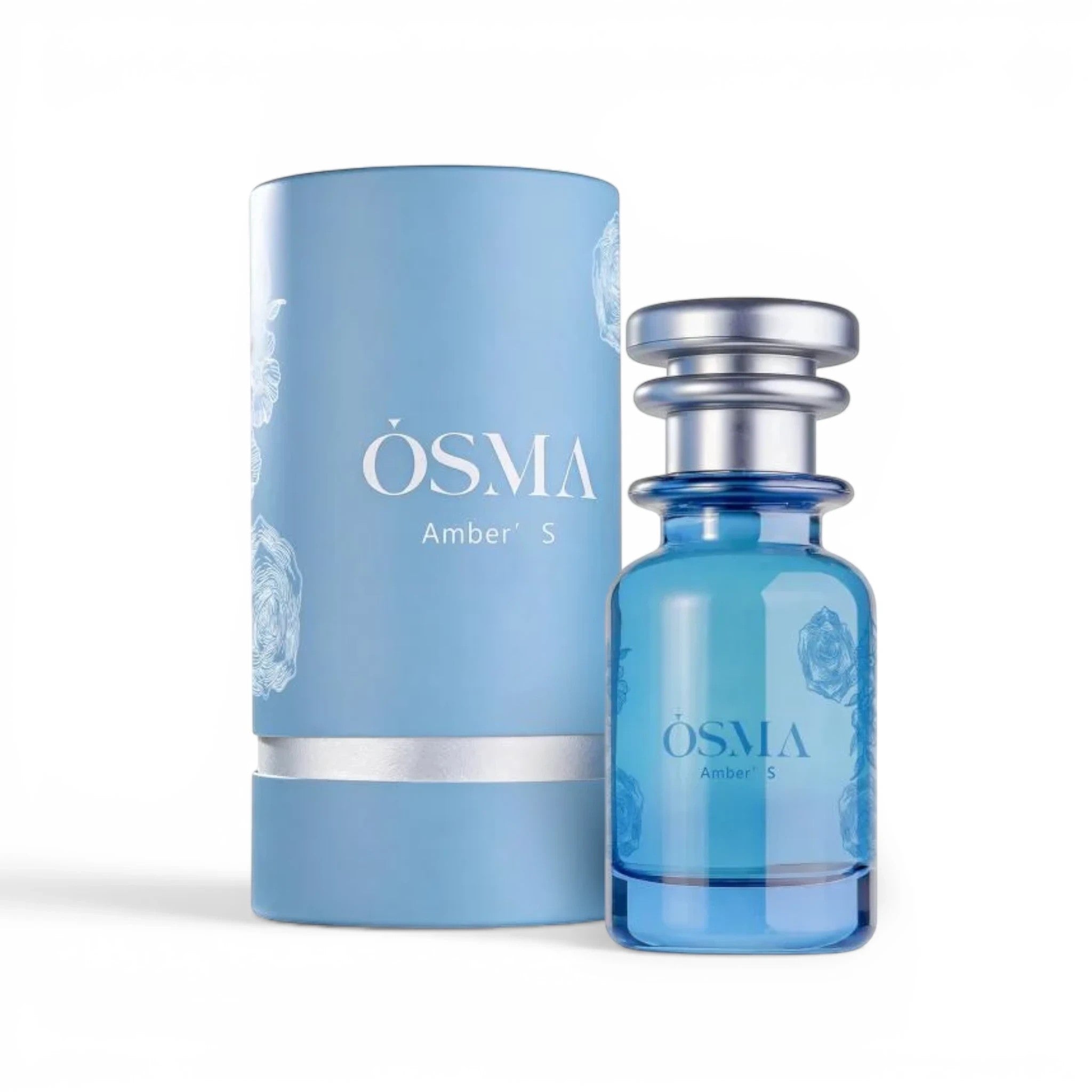 Soghaat Osma Amber’ S Eau de Parfum bottle and packaging. Blue glass bottle with silver cap and floral details. Blue cylindrical box with floral details.