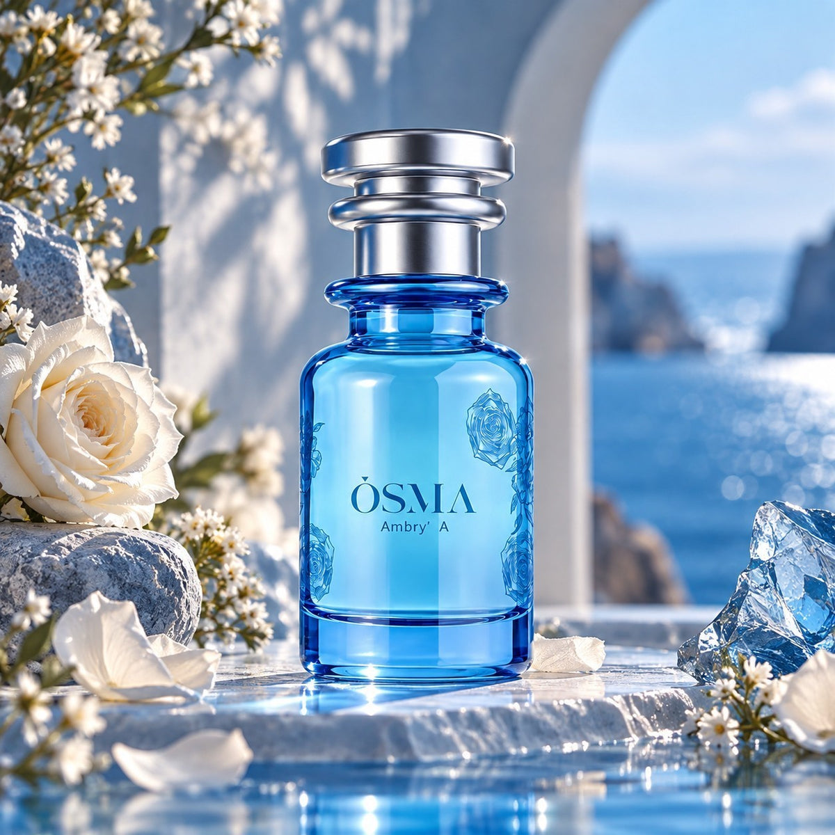 Soghaat Osma Ambry A unisex Eau de Parfum in a blue glass bottle with rose engravings, set against a coastal backdrop.