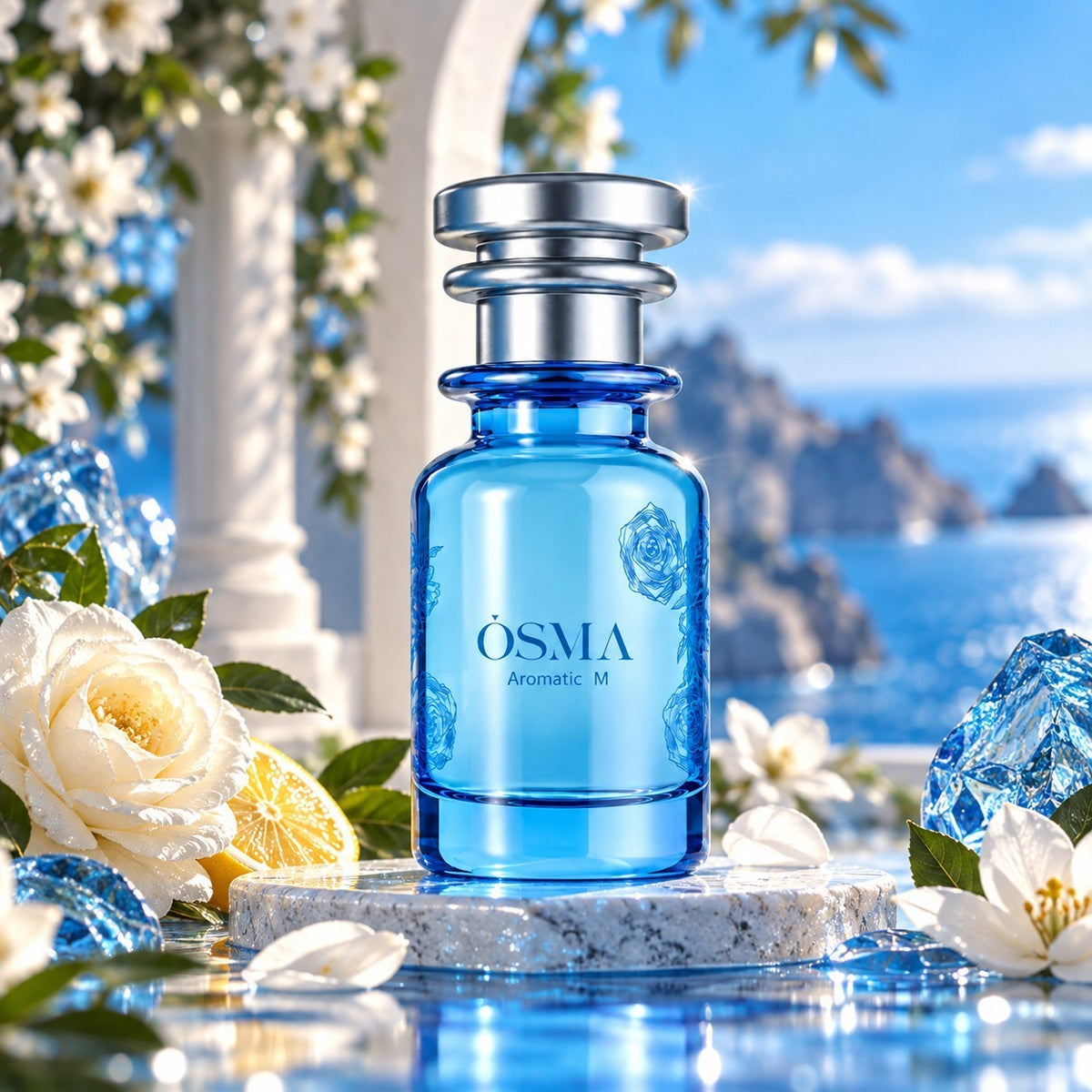 Soghaat Osma Aromatic M unisex Eau de Parfum in a blue glass bottle with floral engravings, set against a coastal view.