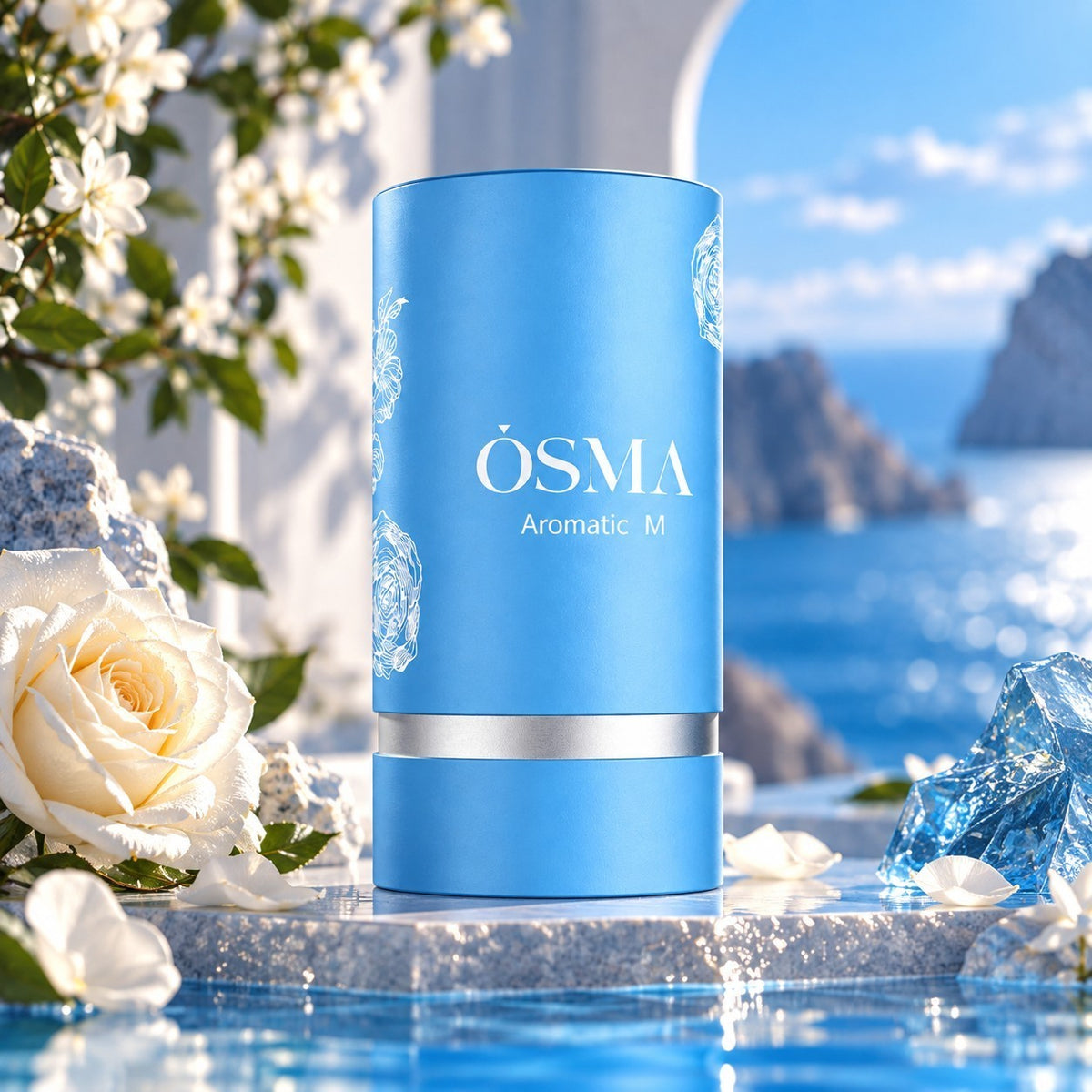 Soghaat Osma Aromatic M Eau de Parfum in a blue cylindrical bottle, set against a Mediterranean coastal backdrop.