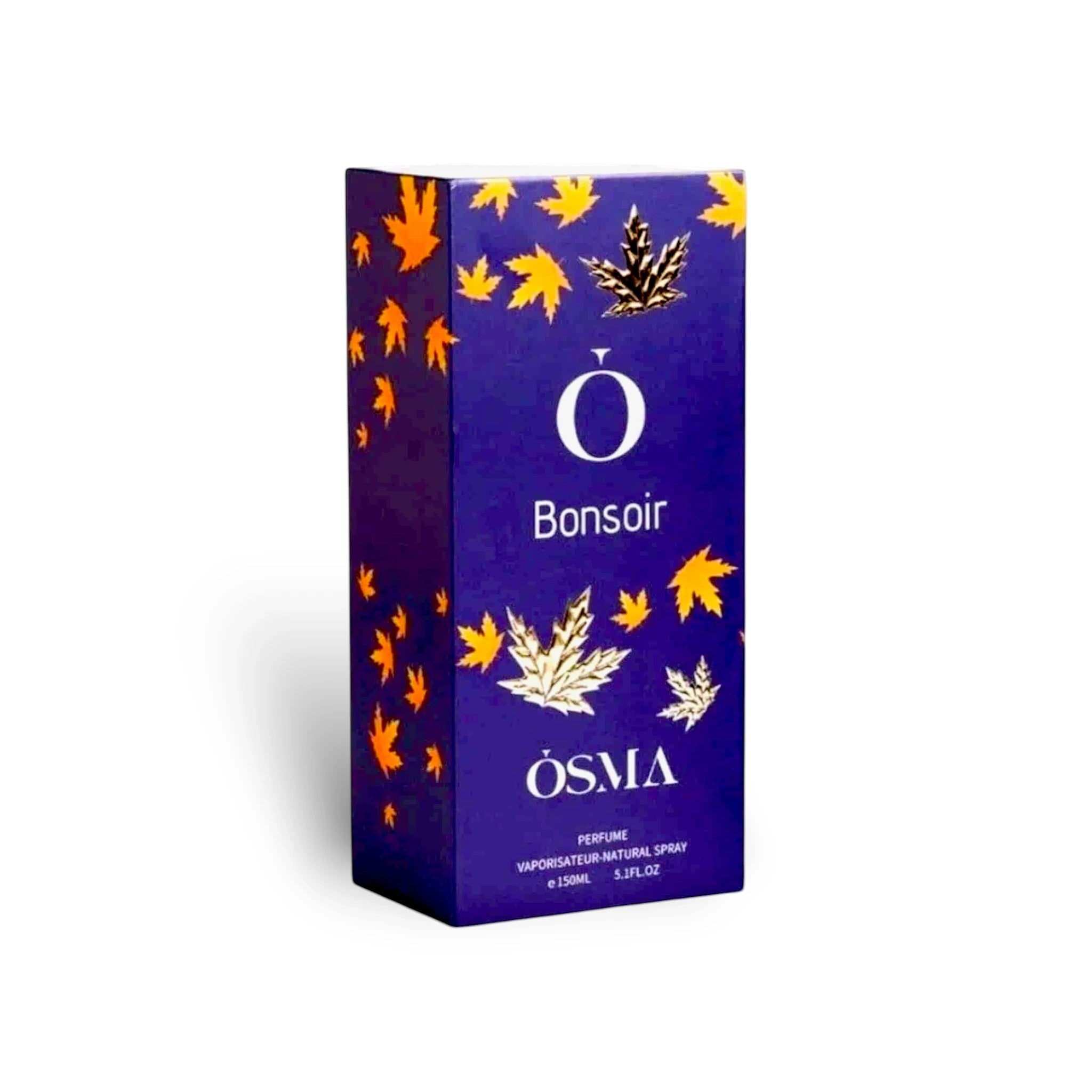 Soghaat Osma Bonsoir 150ml Eau de Parfum box with a dark blue background and orange and gold maple leaf pattern.