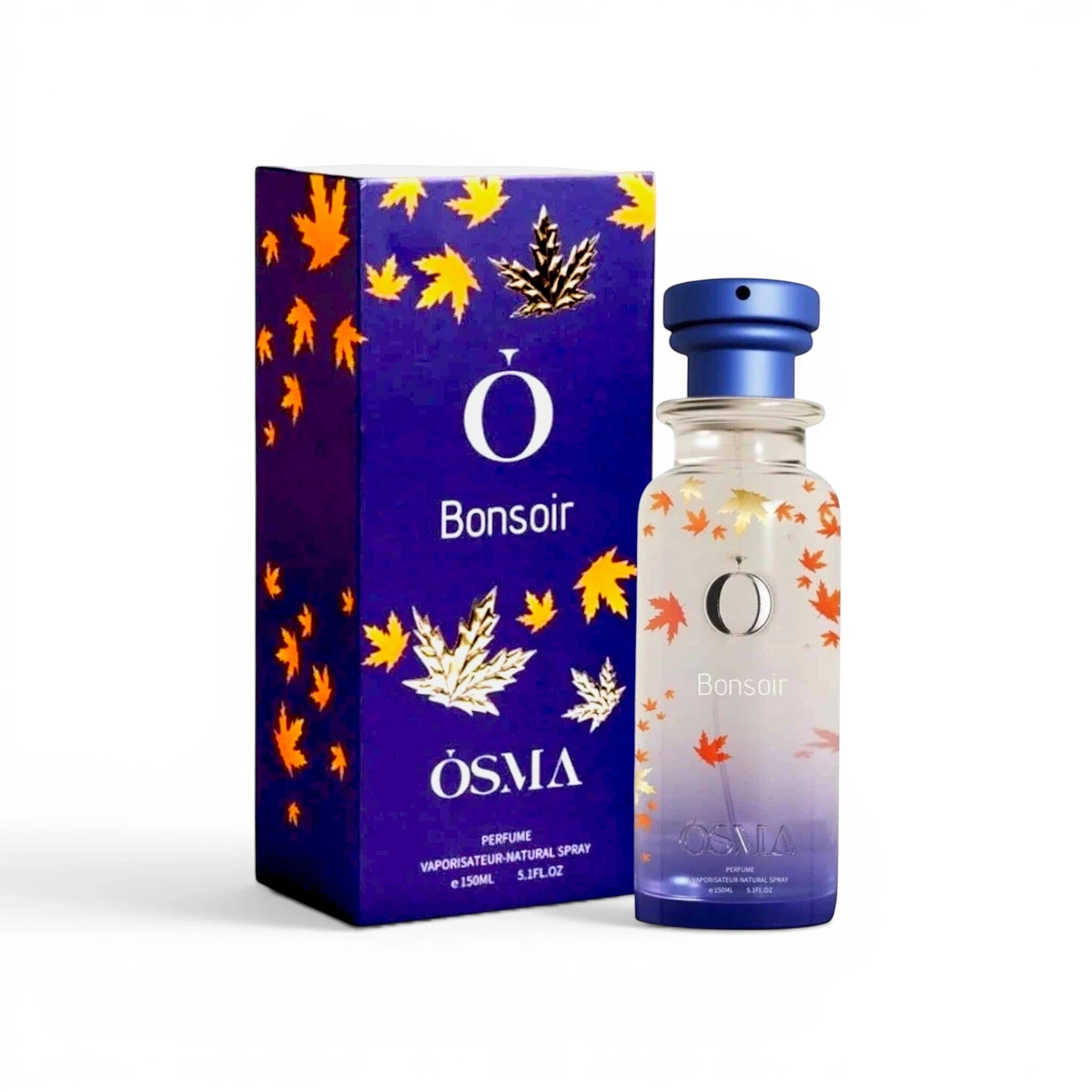 Soghaat Osma Bonsoir 150ml Eau de Parfum bottle and box with autumn leaf design. Fresh citrus scent.