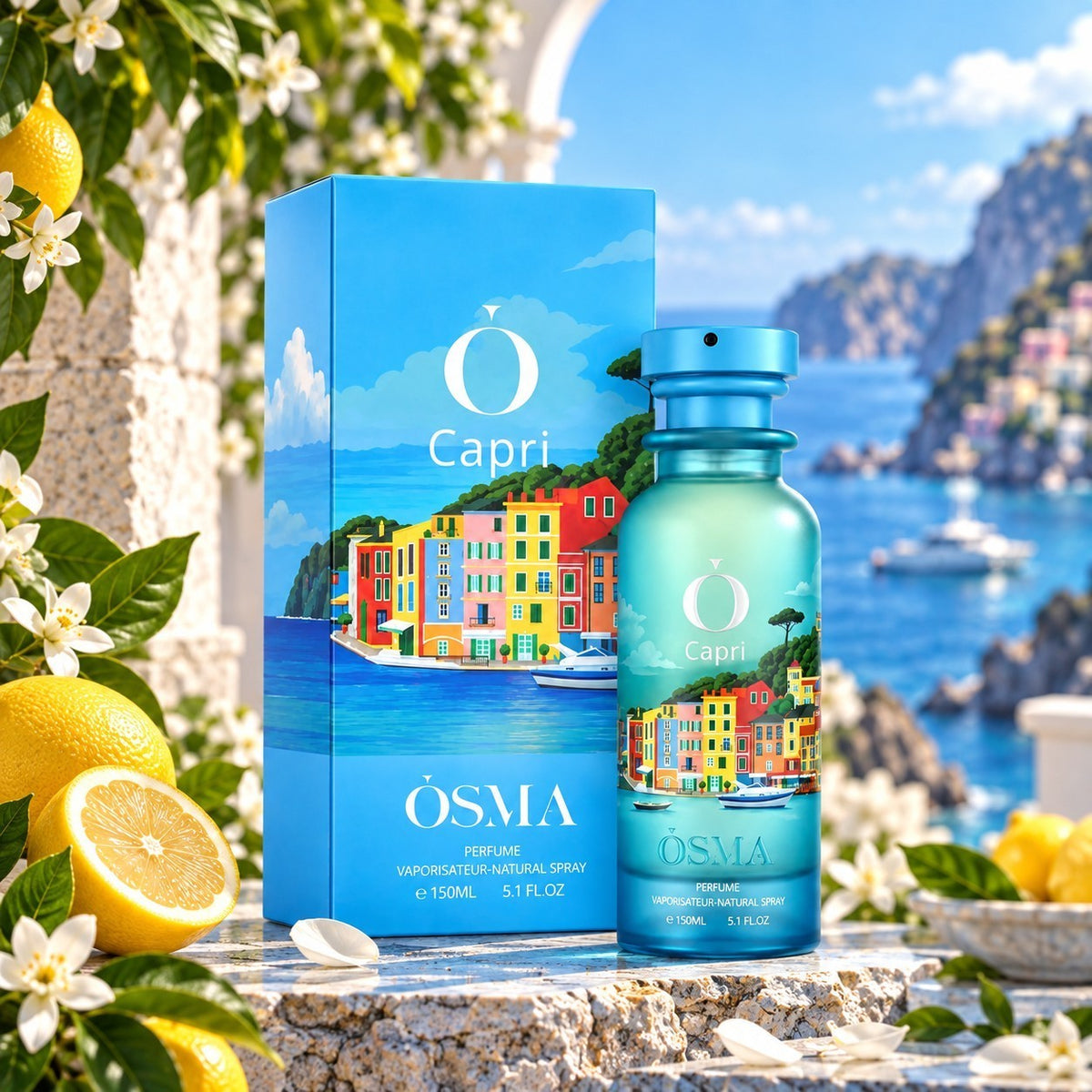 Soghaat Osma Capri unisex Eau de Parfum bottle and box featuring a vibrant coastal scene with lemons and white flowers.