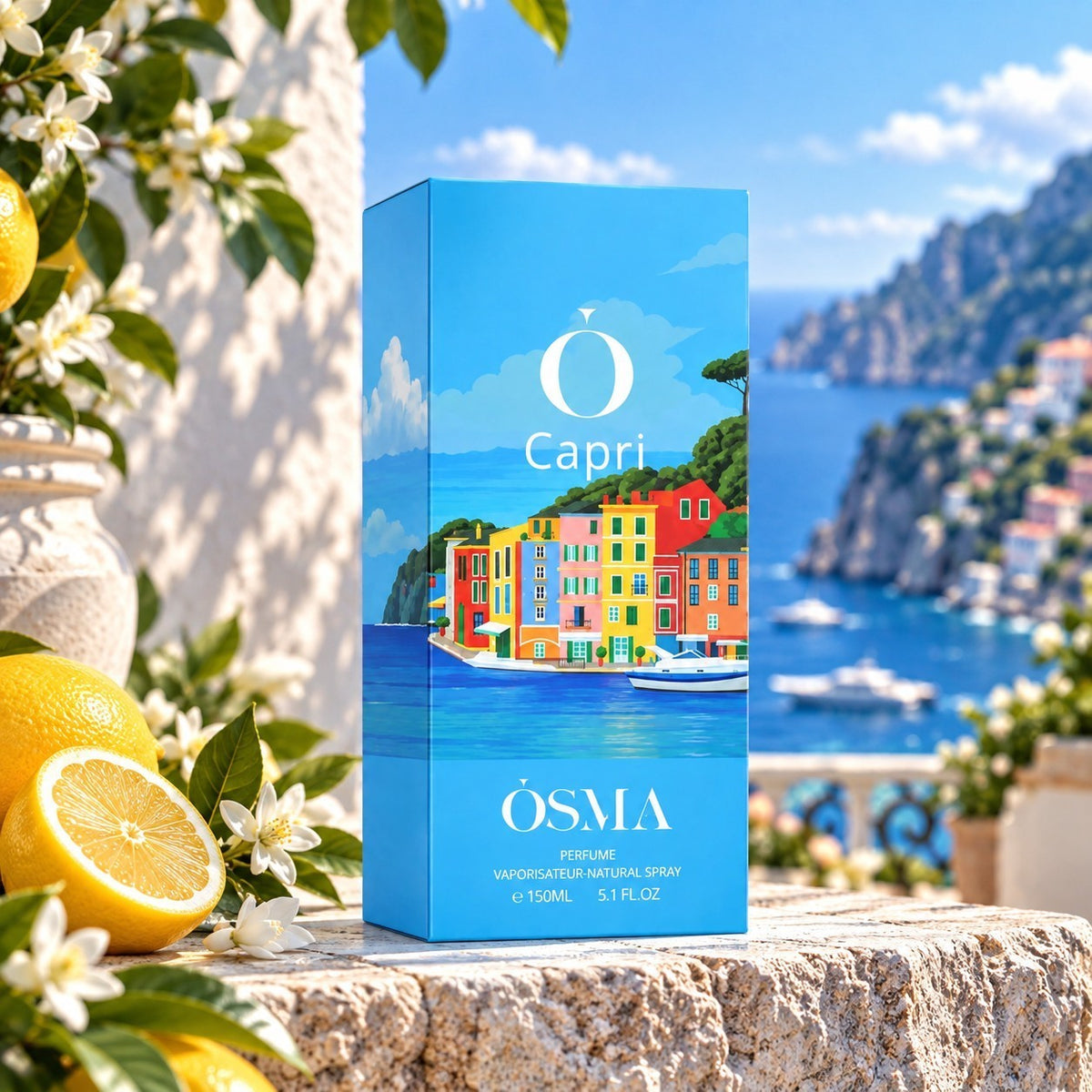 Soghaat Osma Capri 150ml Eau de Parfum bottle featuring a vibrant coastal Italian illustration with citrus and flowers.