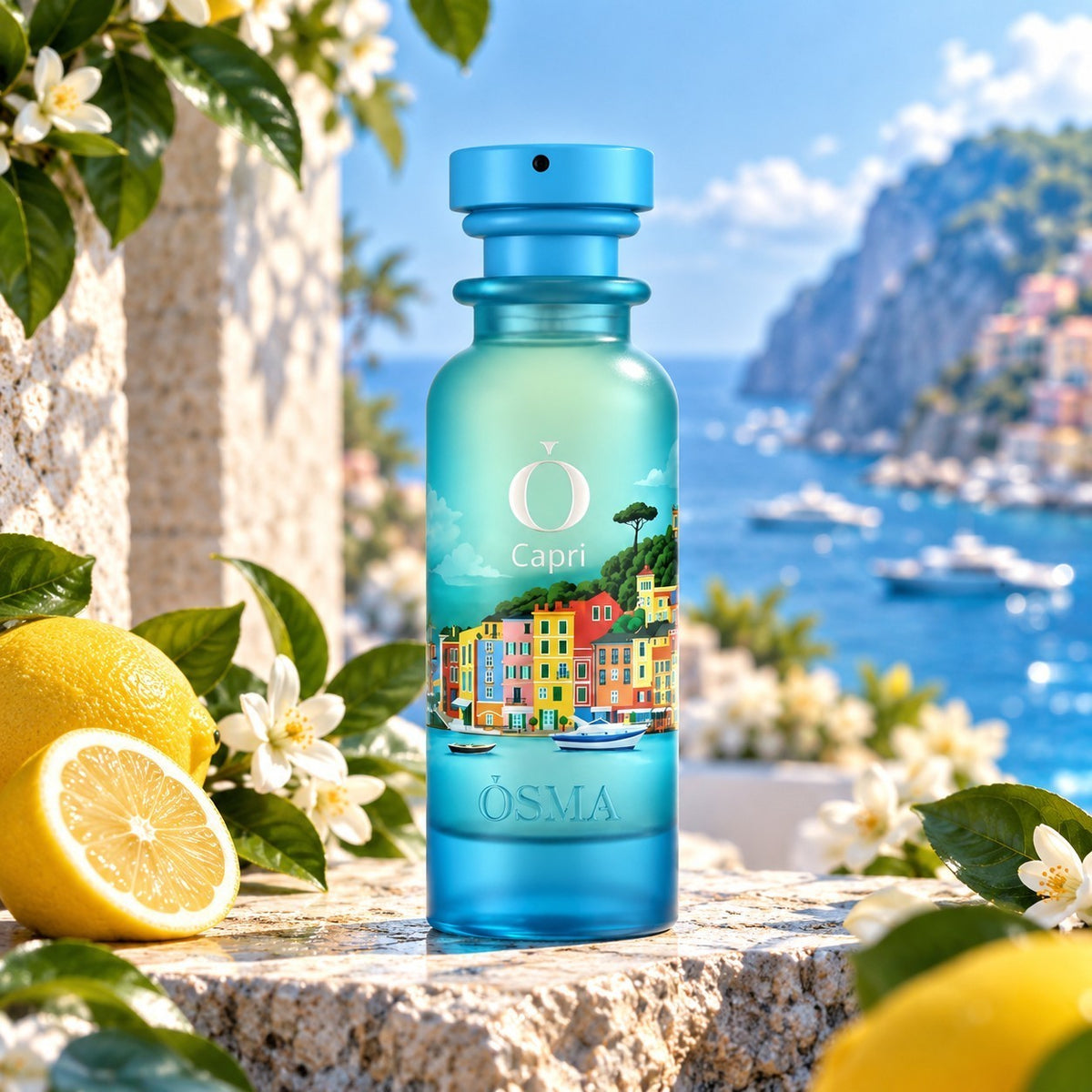 Soghaat Osma Capri 150ml Eau de Parfum bottle featuring a coastal Italian scene, surrounded by fresh lemons and flowers.
