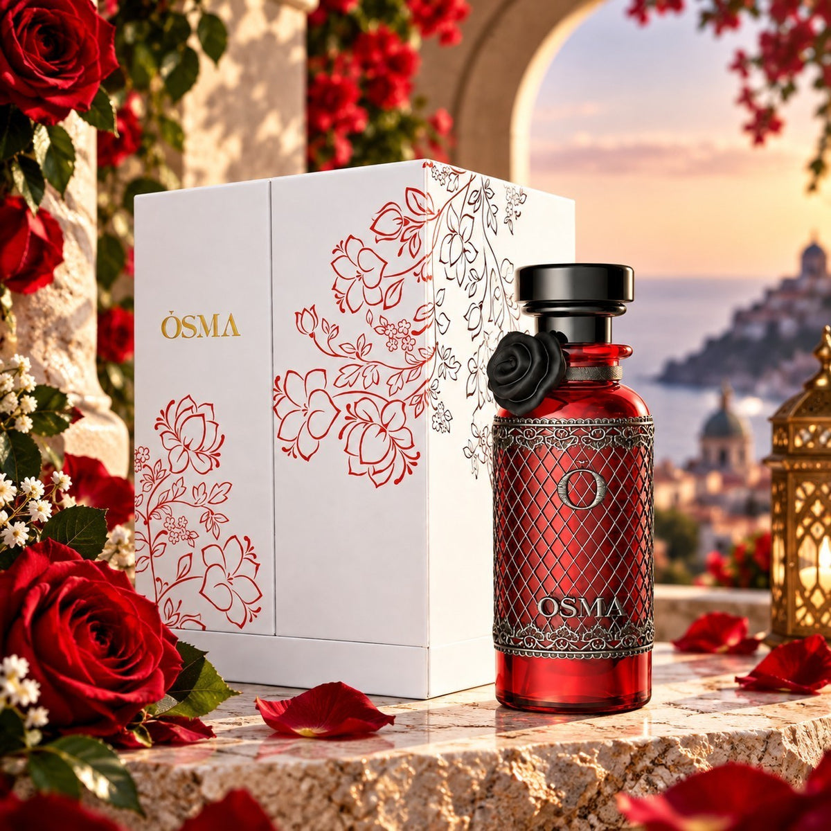Soghaat Osma Charming 150ml Eau de Parfum bottle and floral box on a stone ledge with red roses and a Mediterranean view.