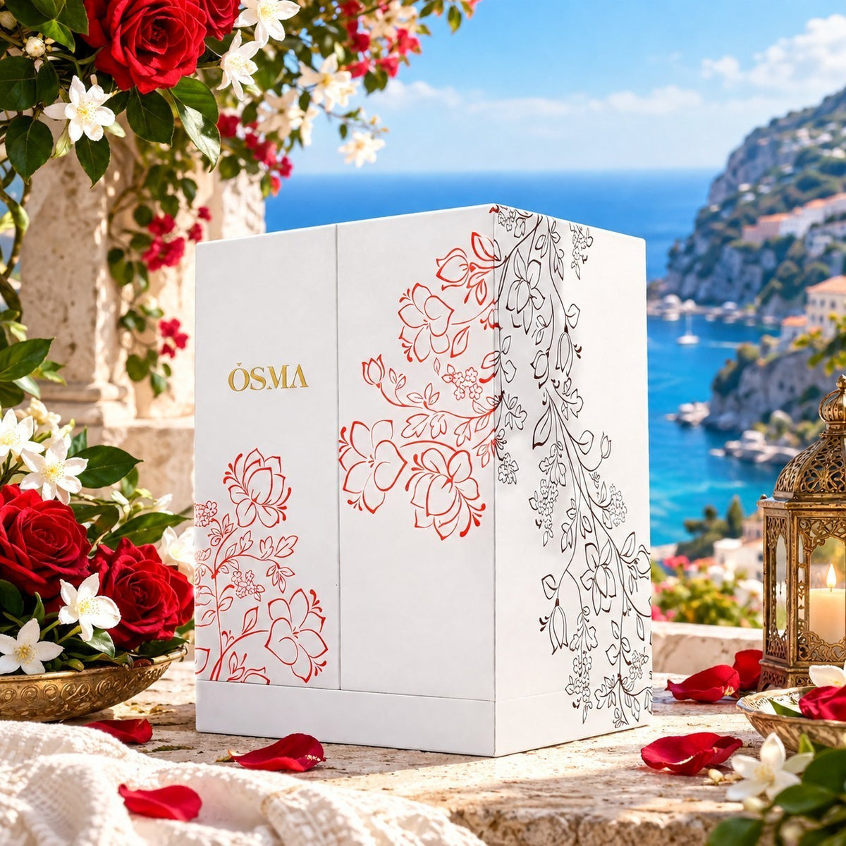 Soghaat Osma Charming Eau de Parfum white gift box with floral illustrations, set against a scenic coastal backdrop.