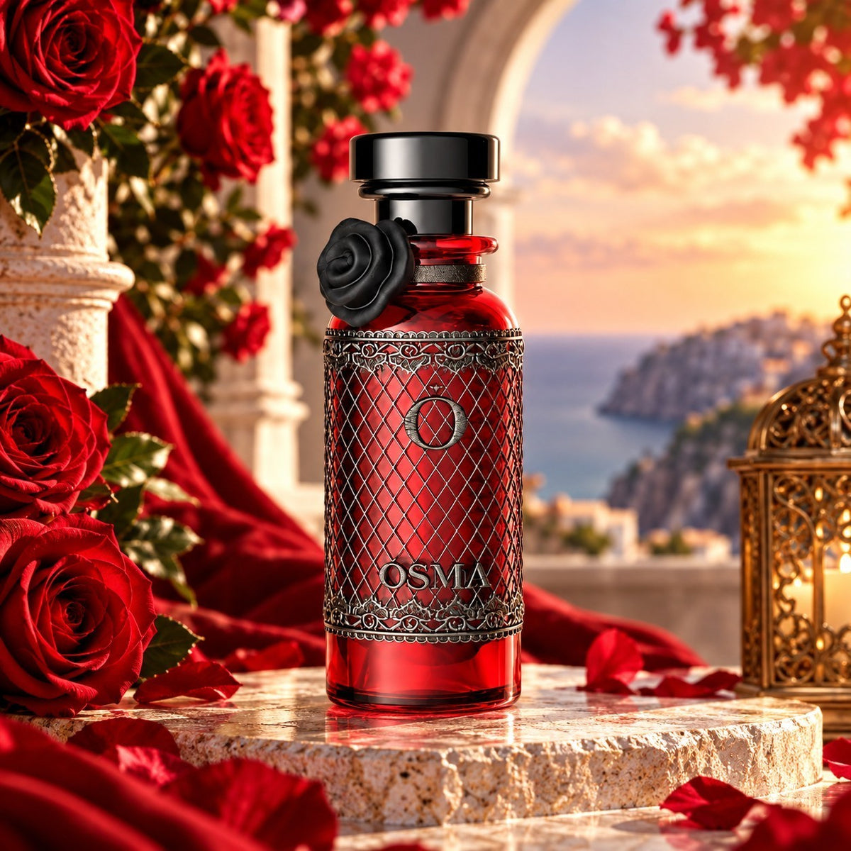 Soghaat Osma Charming 150ml Eau de Parfum in a red glass bottle with intricate silver filigree, set among red roses.