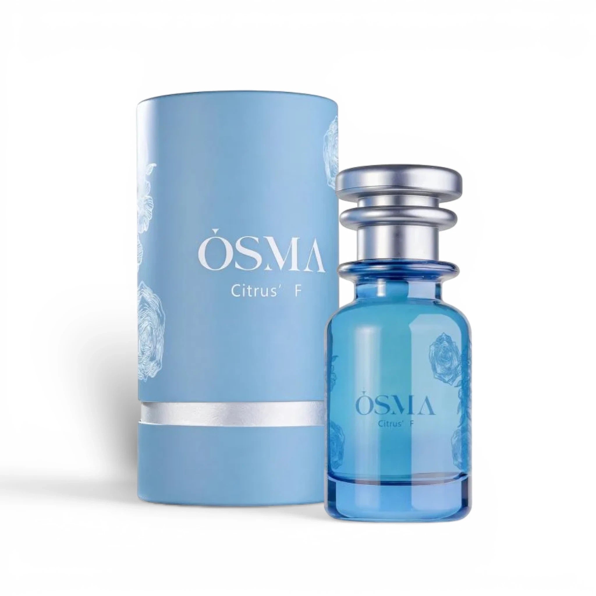Soghaat Osma Citrus' F Eau de Parfum, a blue glass bottle with floral etchings and a silver cap, next to a light blue cylindrical box.