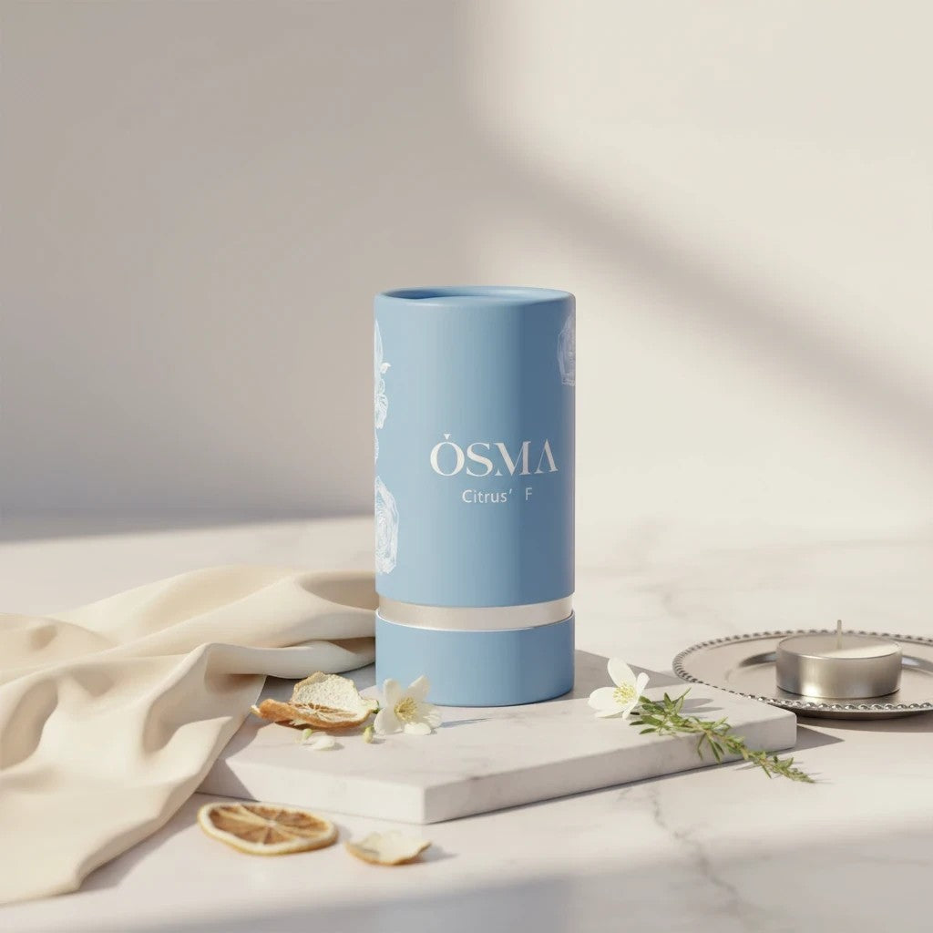 Soghaat Osma Citrus' F Eau de Parfum in a light blue cylindrical bottle with white floral accents. Notes of citrus, rose, and musk.