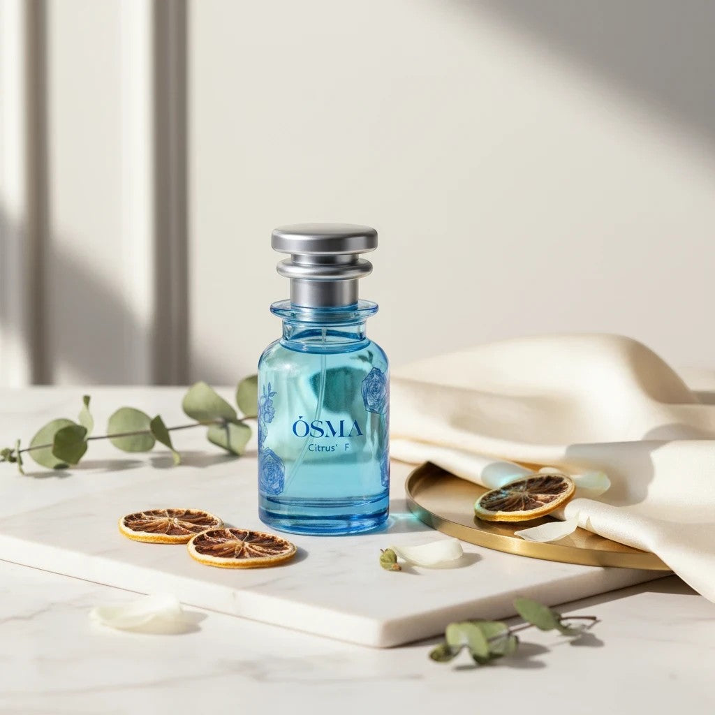 Soghaat Osma Citrus' F Eau de Parfum, a blue glass bottle with silver cap, featuring floral motifs and citrus notes.