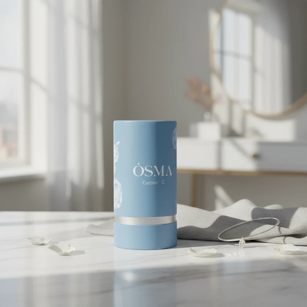 Soghaat Osma Cotton' C Eau de Parfum in a light blue cylindrical bottle with white floral accents.