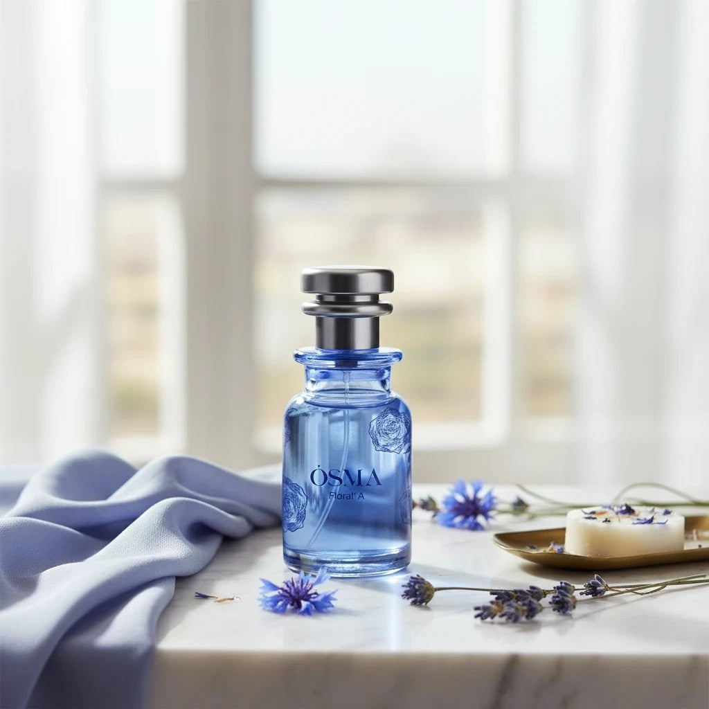 Soghaat Osma Floral A Eau de Parfum bottle with blue liquid, floral accents, and a light blue cloth.