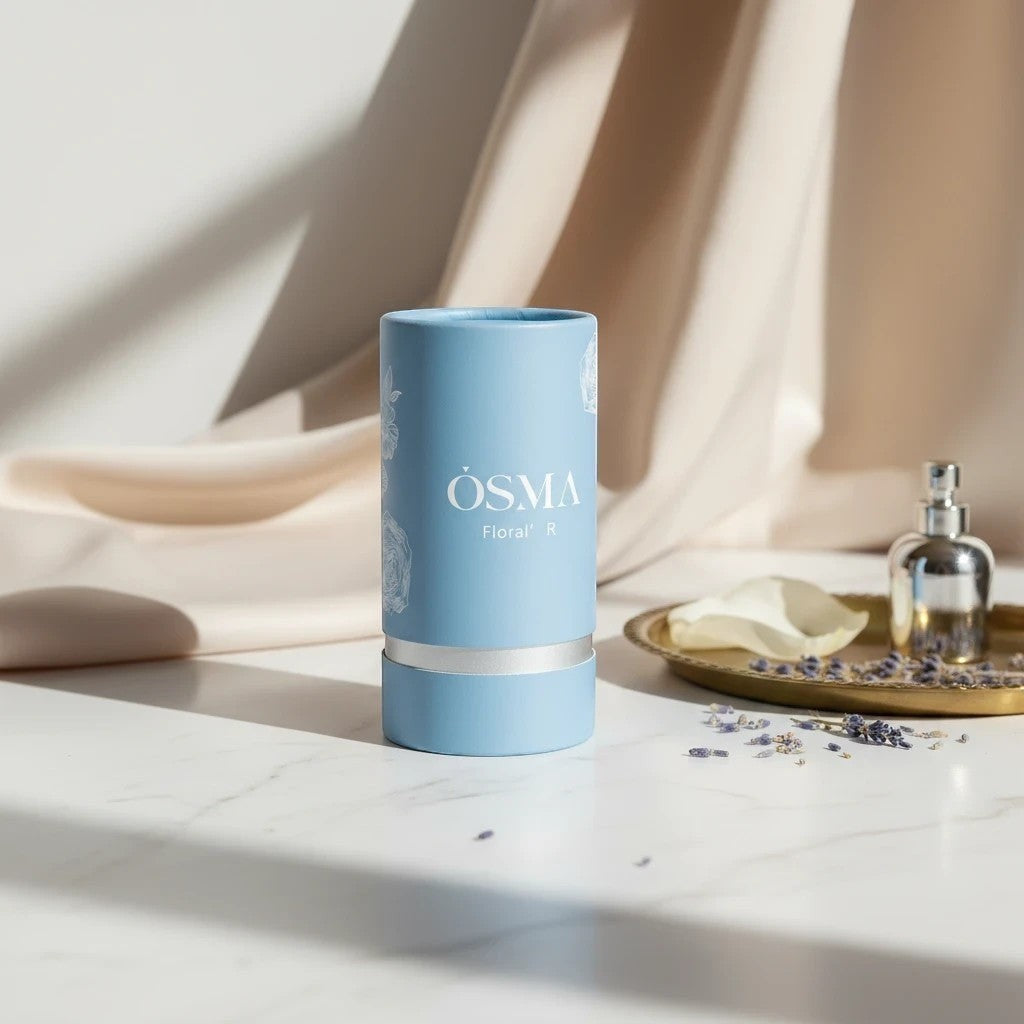 Soghaat Osma Floral R Eau de Parfum in a light blue cylindrical case with floral accents. A small silver perfume bottle sits on a gold tray with lavender.