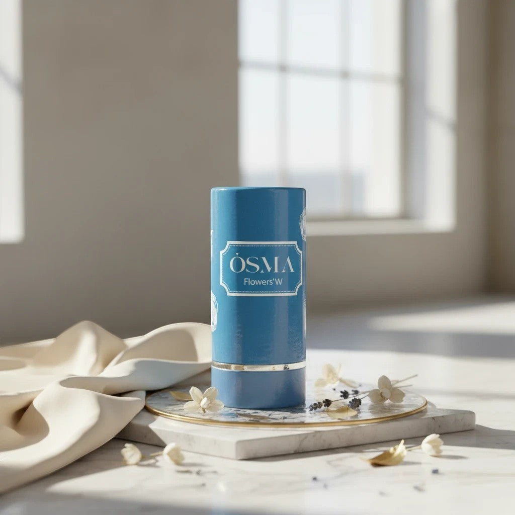 Soghaat Osma Flowers W Eau de Parfum, a blue cylindrical bottle with white floral accents and gold trim.