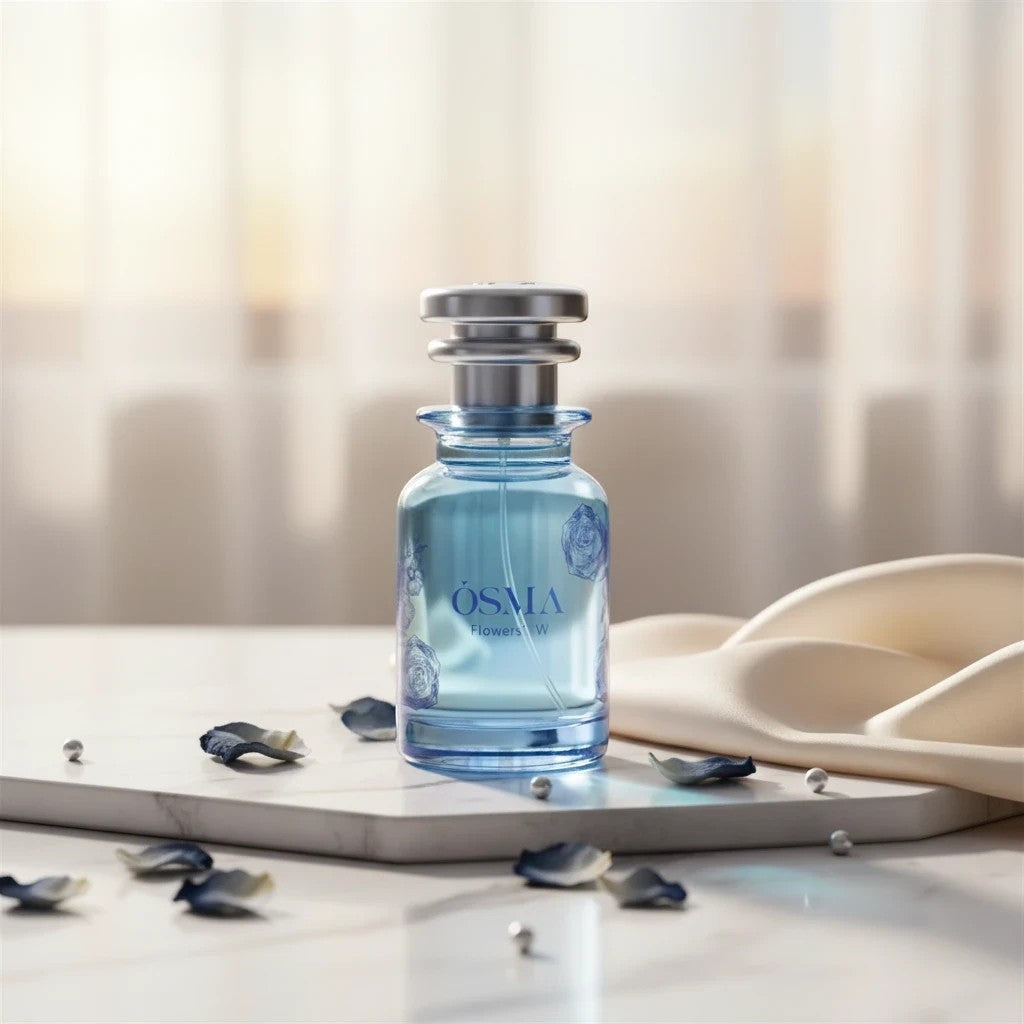 Soghaat Osma Flowers W Eau de Parfum for women, a blue glass bottle with floral details, featuring ginger, amber, and sandalwood notes.