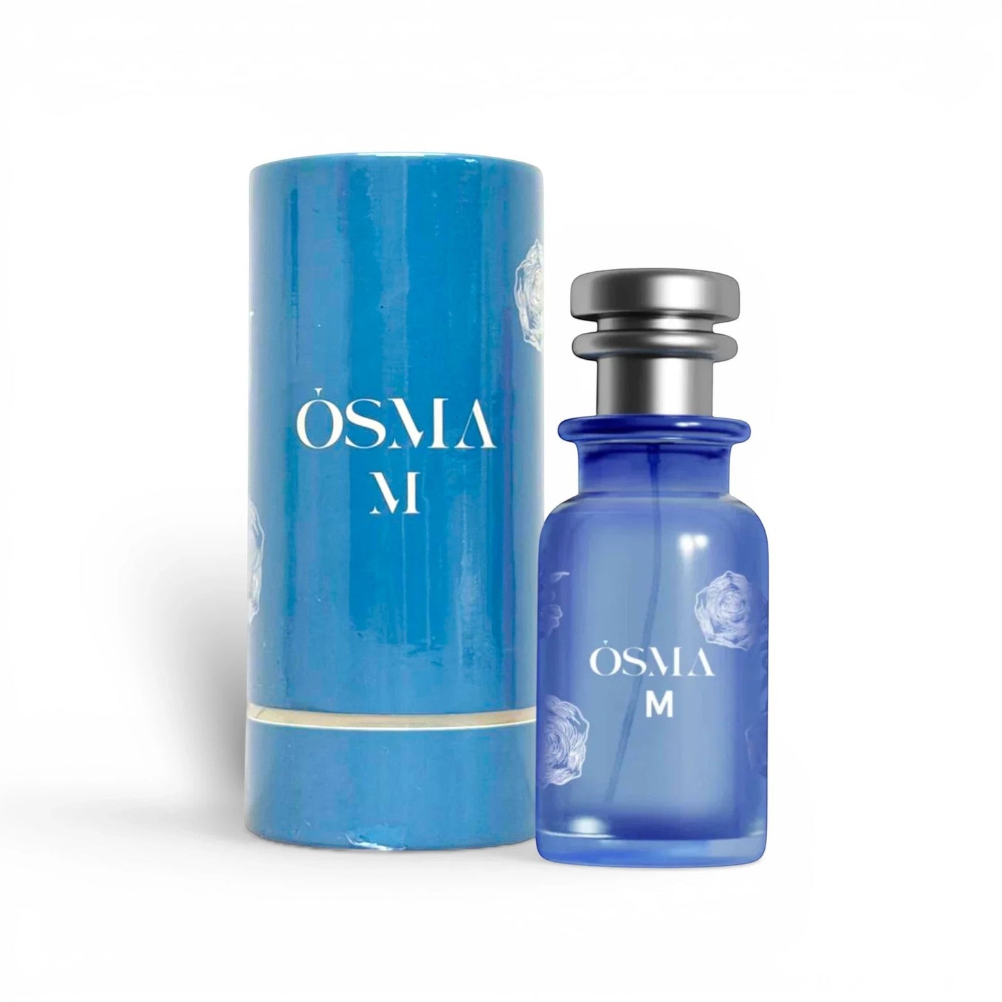 Soghaat Osma M Eau de Parfum 150ml bottle and cylindrical case, both blue with white rose pattern. Sweet gourmand fragrance.