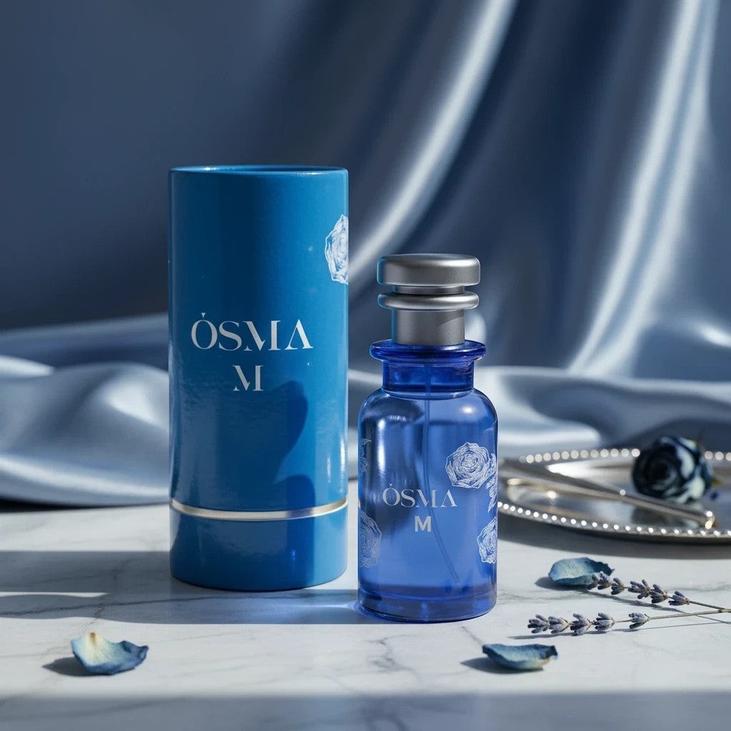 Soghaat Osma M Eau de Parfum bottle and cylindrical box in blue with white floral accents. Sweet gourmand fragrance.