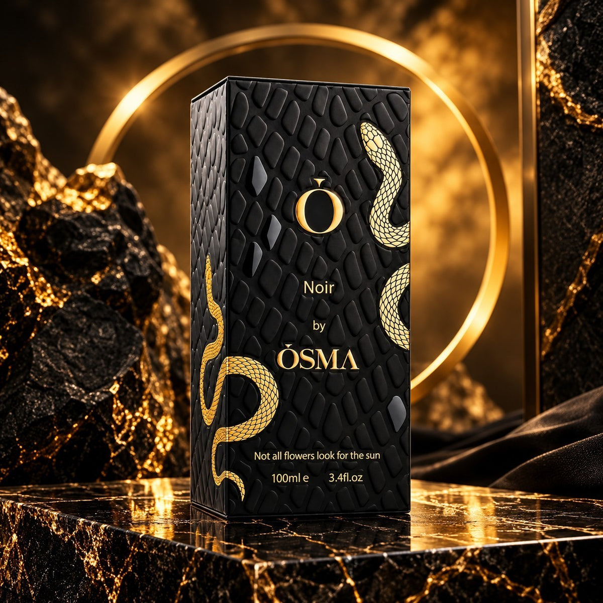Soghaat Osma Noir 100ml Eau de Parfum in a black textured box with gold snake detailing on a marble surface.