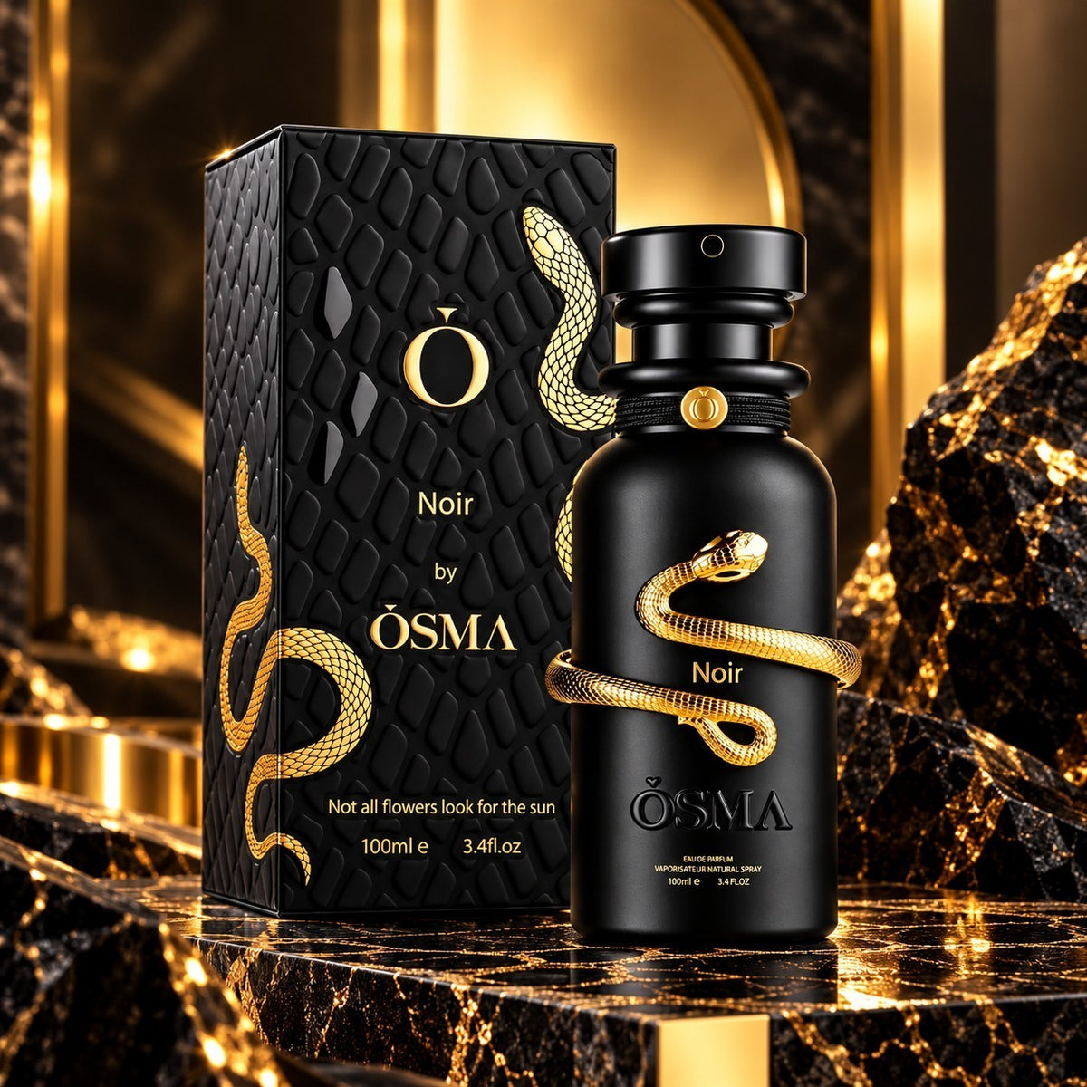 Soghaat Osma Noir 100ml unisex Eau de Parfum bottle and box with gold snake detail on a dark marble surface.