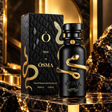 Soghaat Osma Noir 100ml unisex Eau de Parfum bottle and box with gold snake detail on a dark marble surface.