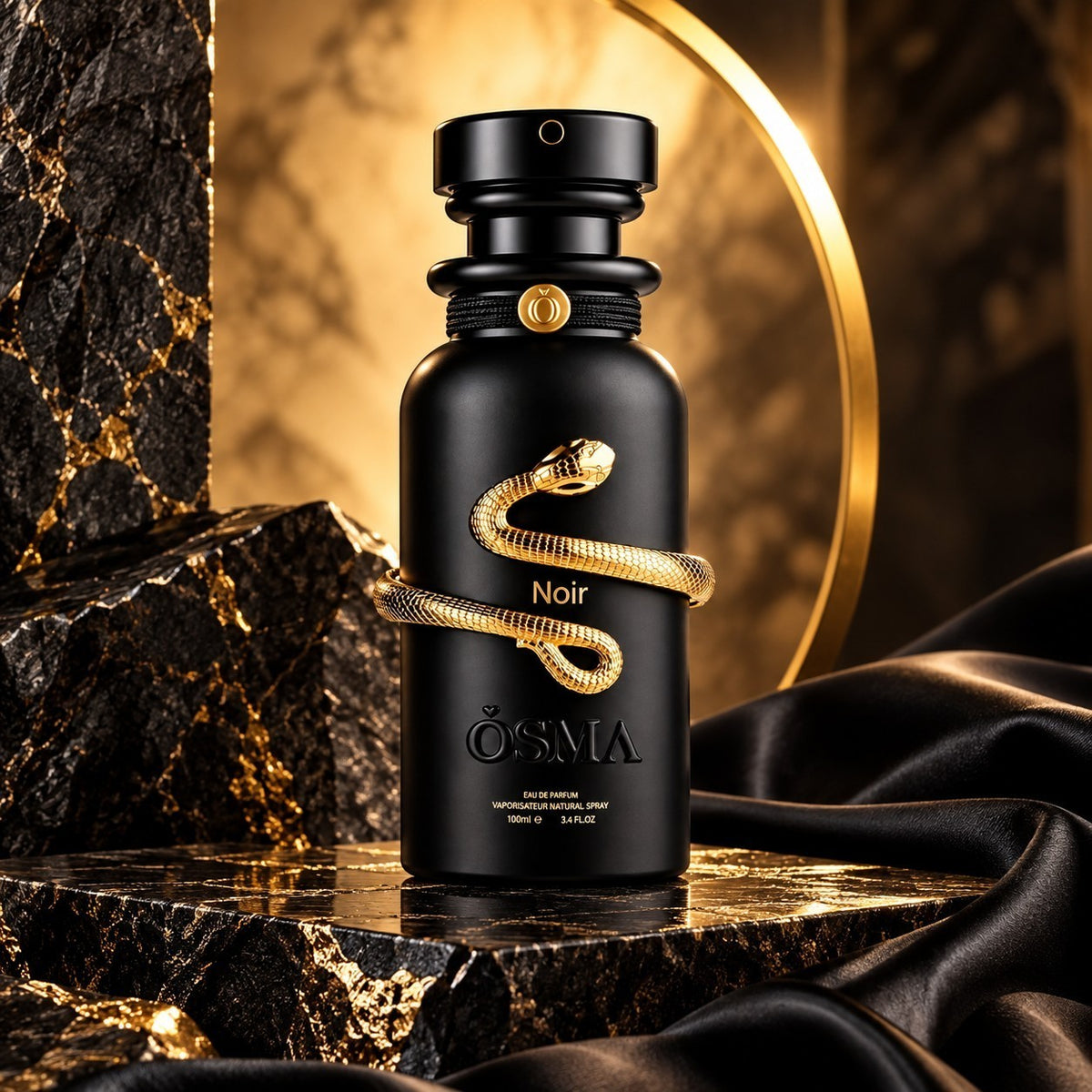 Soghaat Osma Noir 100ml unisex Eau de Parfum bottle featuring a gold snake design on a black marble pedestal.