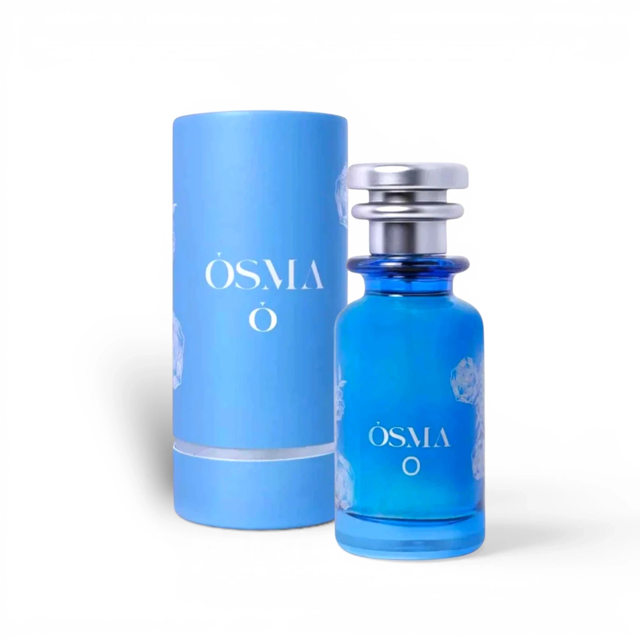 Soghaat Osma O Eau de Parfum 150ml bottle and cylindrical case, blue glass with white text and floral accents.
