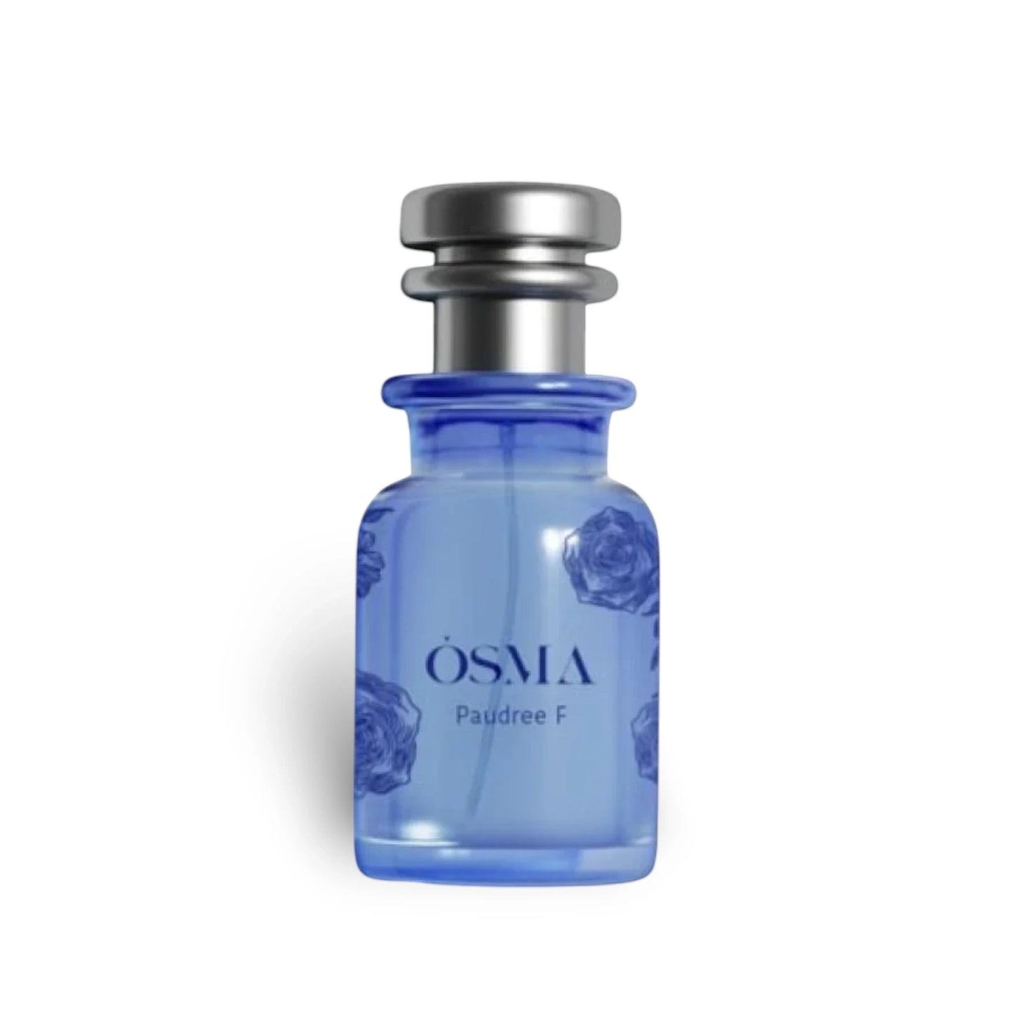 Soghaat Osma Paudree F Eau de Parfum, a soft sweet musk fragrance with jasmine, rose, and musk notes in a blue glass bottle with rose motifs.