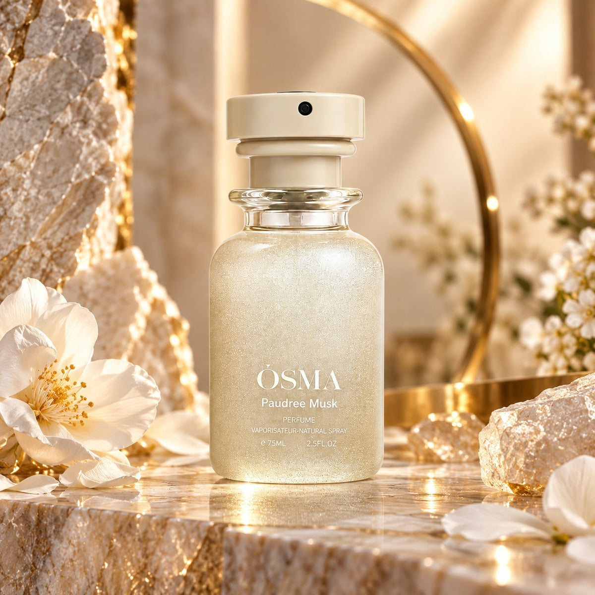 Soghaat Osma Paudree Musk 75ml Eau de Parfum in a glass bottle surrounded by white flowers and golden stone decor.