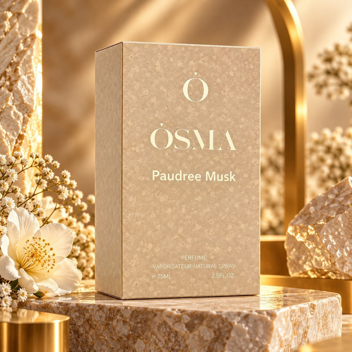 Soghaat Osma Paudree Musk 75ml Eau de Parfum bottle in a beige box with floral accents on a stone pedestal.