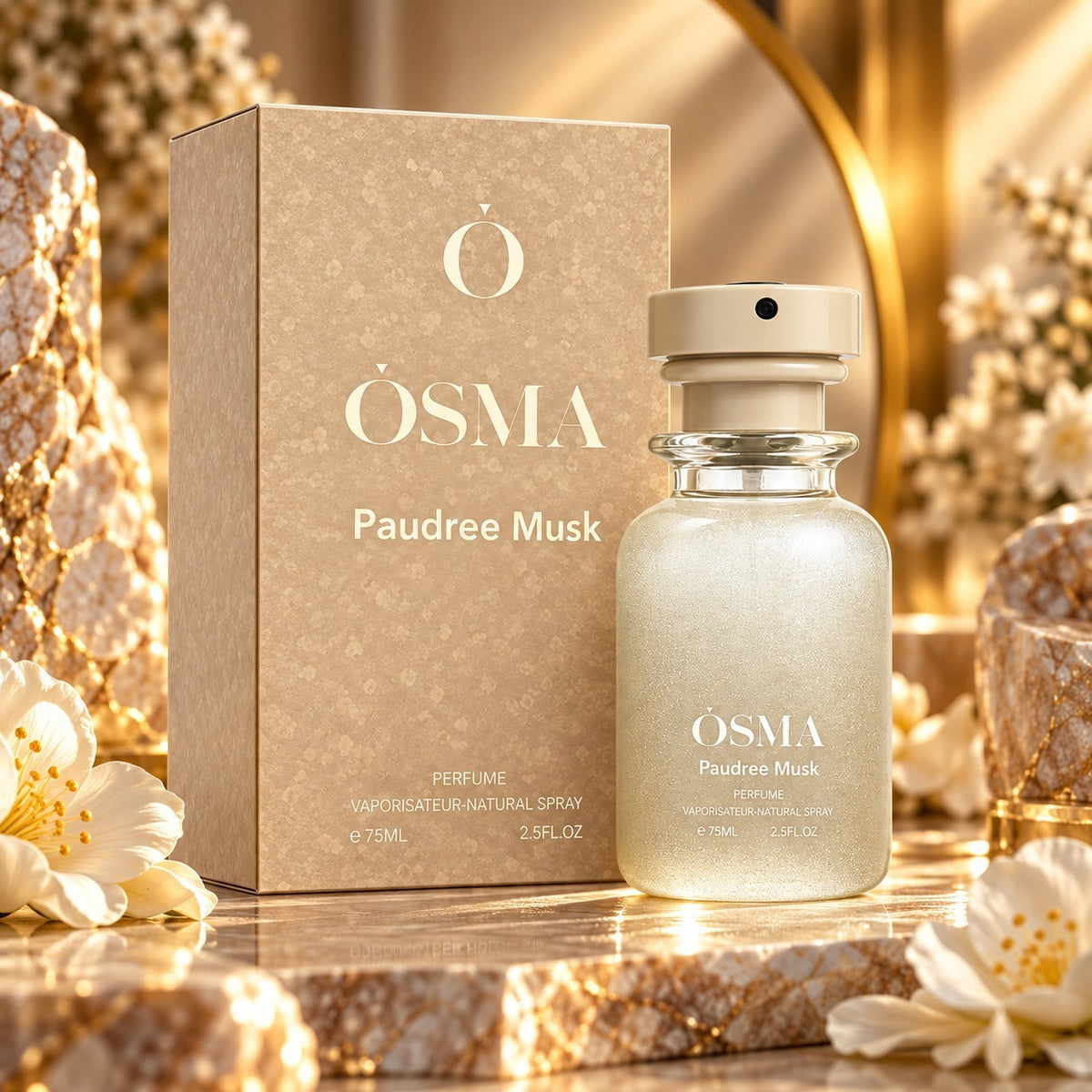 Soghaat Osma Paudree Musk 75ml Eau de Parfum bottle and box with floral accents on a warm, elegant surface.