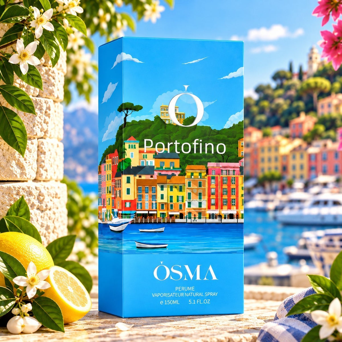 Soghaat Osma Portofino 150ml Eau de Parfum bottle featuring a vibrant Italian coastal illustration with citrus and flowers